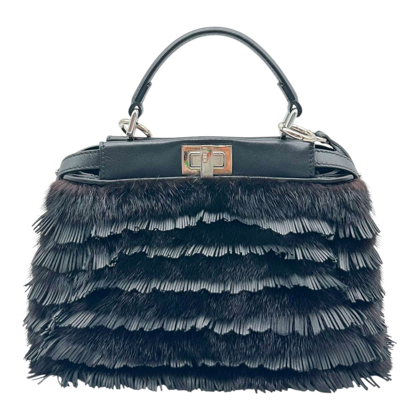 Fendi Mini Peekaboo Bag Black Rabbit Fur Leather Fringe