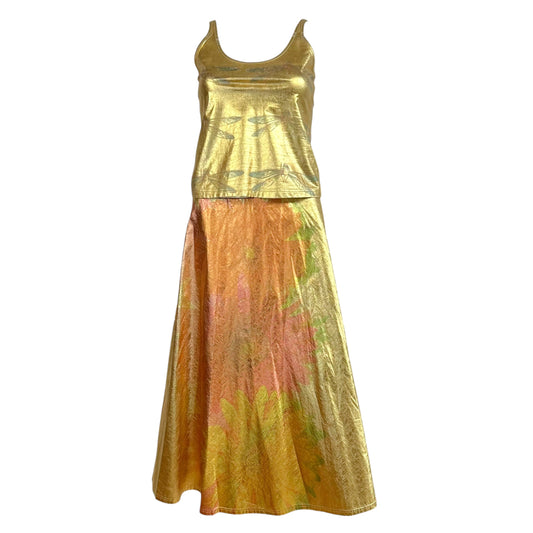 Just Cavalli Roberto Cavalli Gold Metallic Lamé Dragonfly Tank & Skirt Set