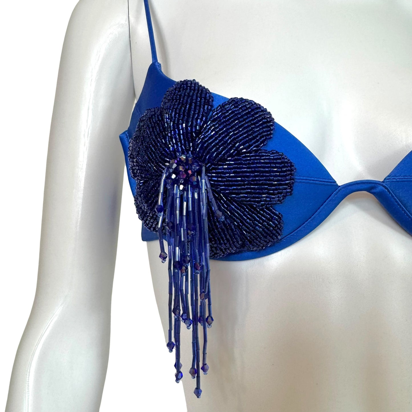 Fanci Club Blue Flower Beaded Satin Bra Top