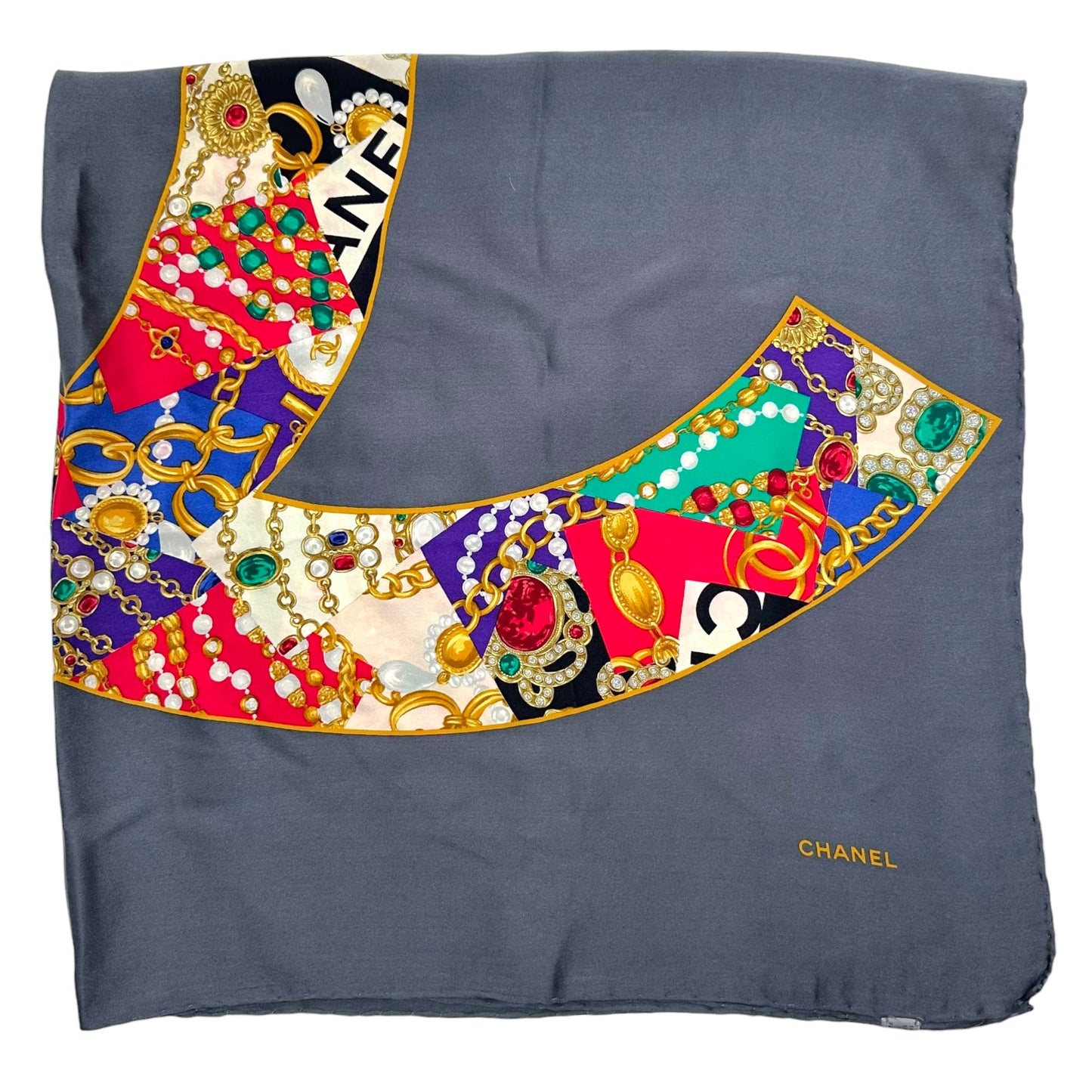 Chanel Gray & Multicolor Jewelry Print Big CC Logo Large Silk Square Scarf