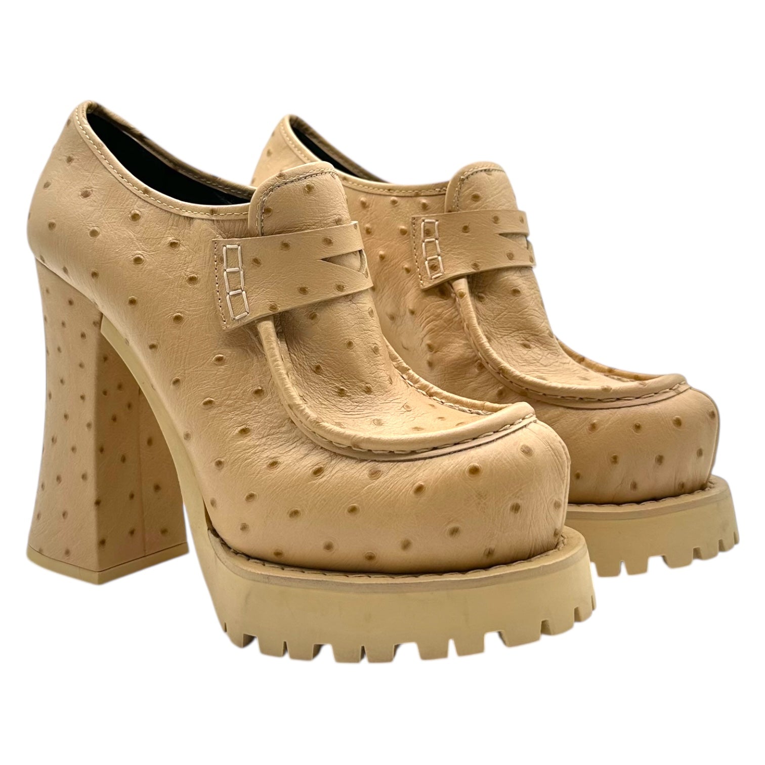 Moschino Tan Ostrich Leather Heeled Platform Loafers - Outfit Repeater