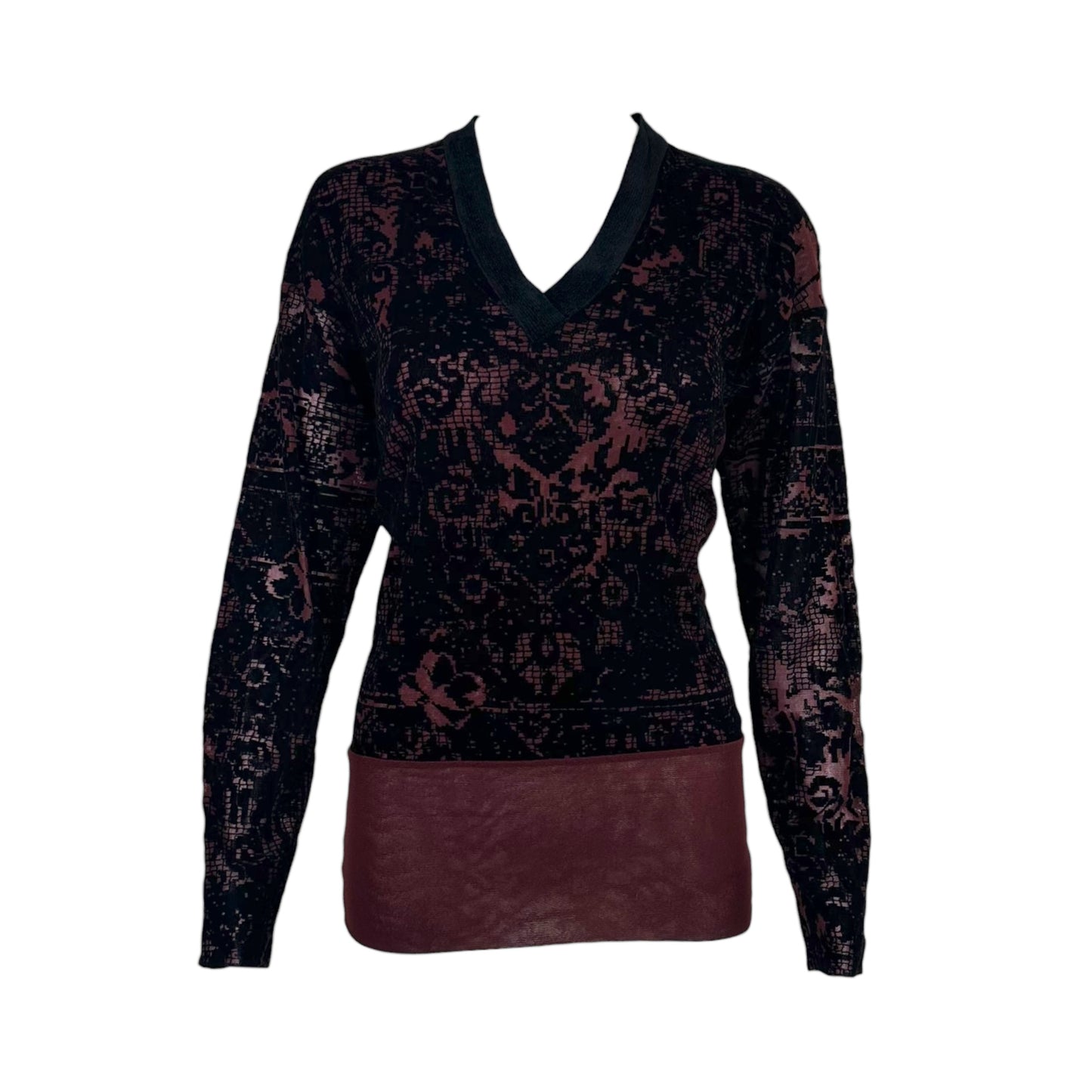 Jean Paul Gaultier Burgundy Mesh & Black Velvet Longsleeve Top