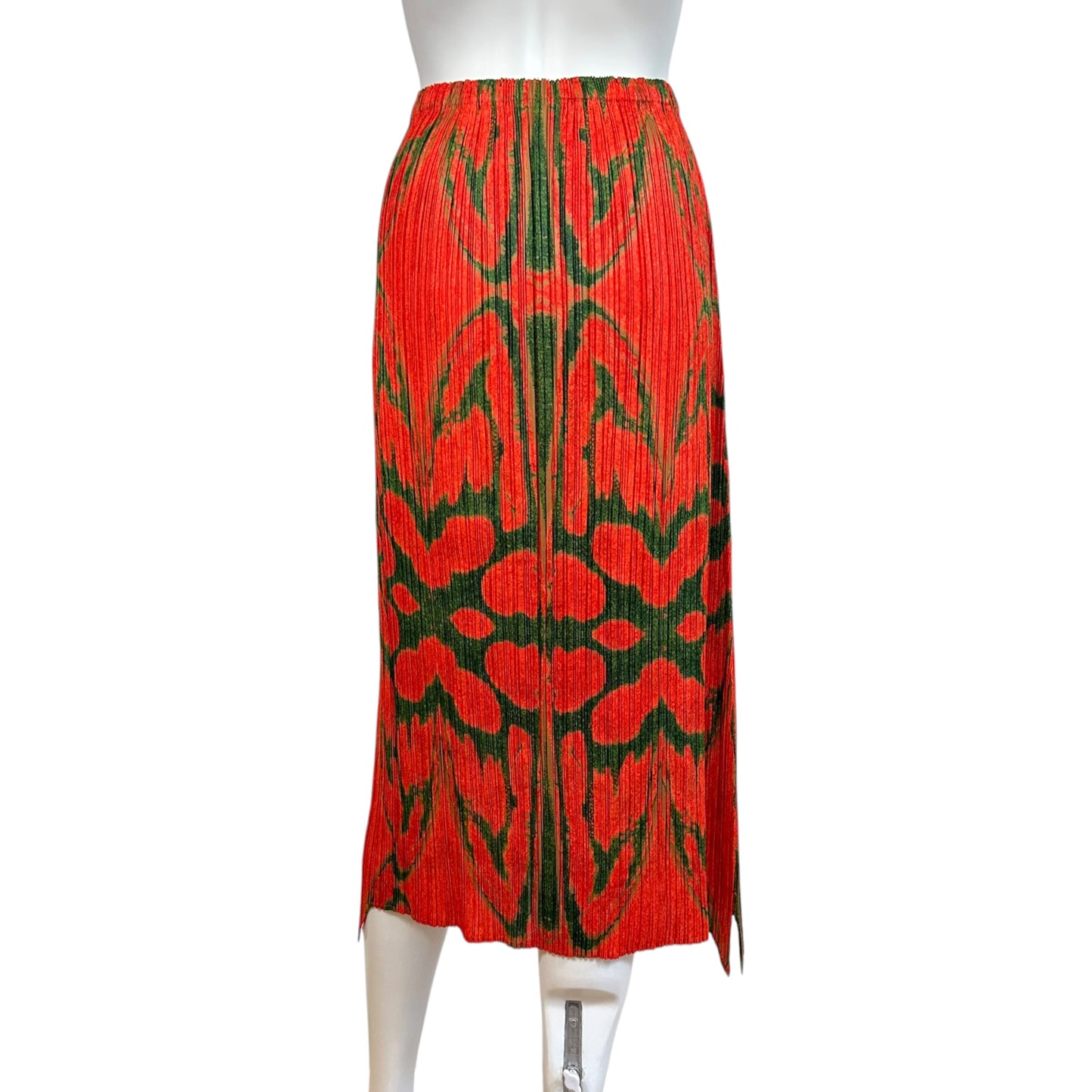Issey Miyake Pleats Please Red & Green Patterned Pleated Maxi Skirt