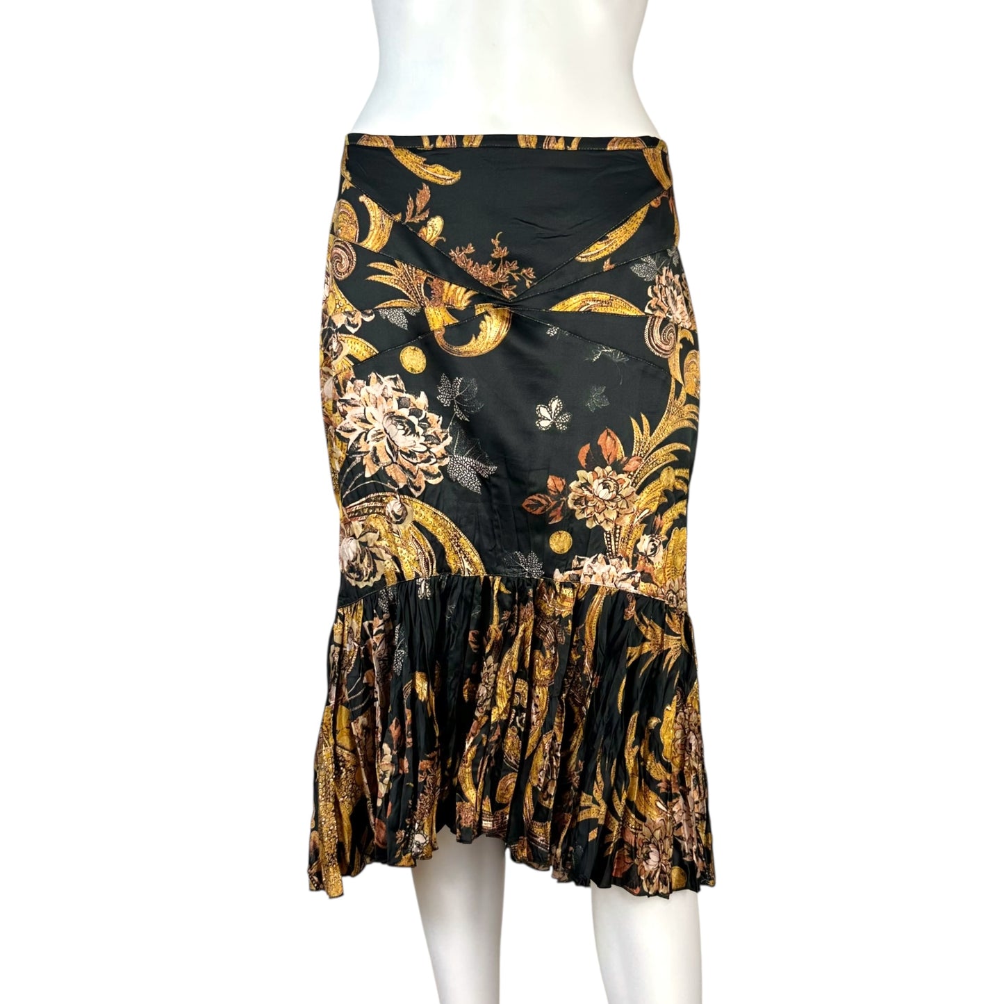 Just Cavalli Roberto Cavalli Black & Gold Damask Print Midi Skirt