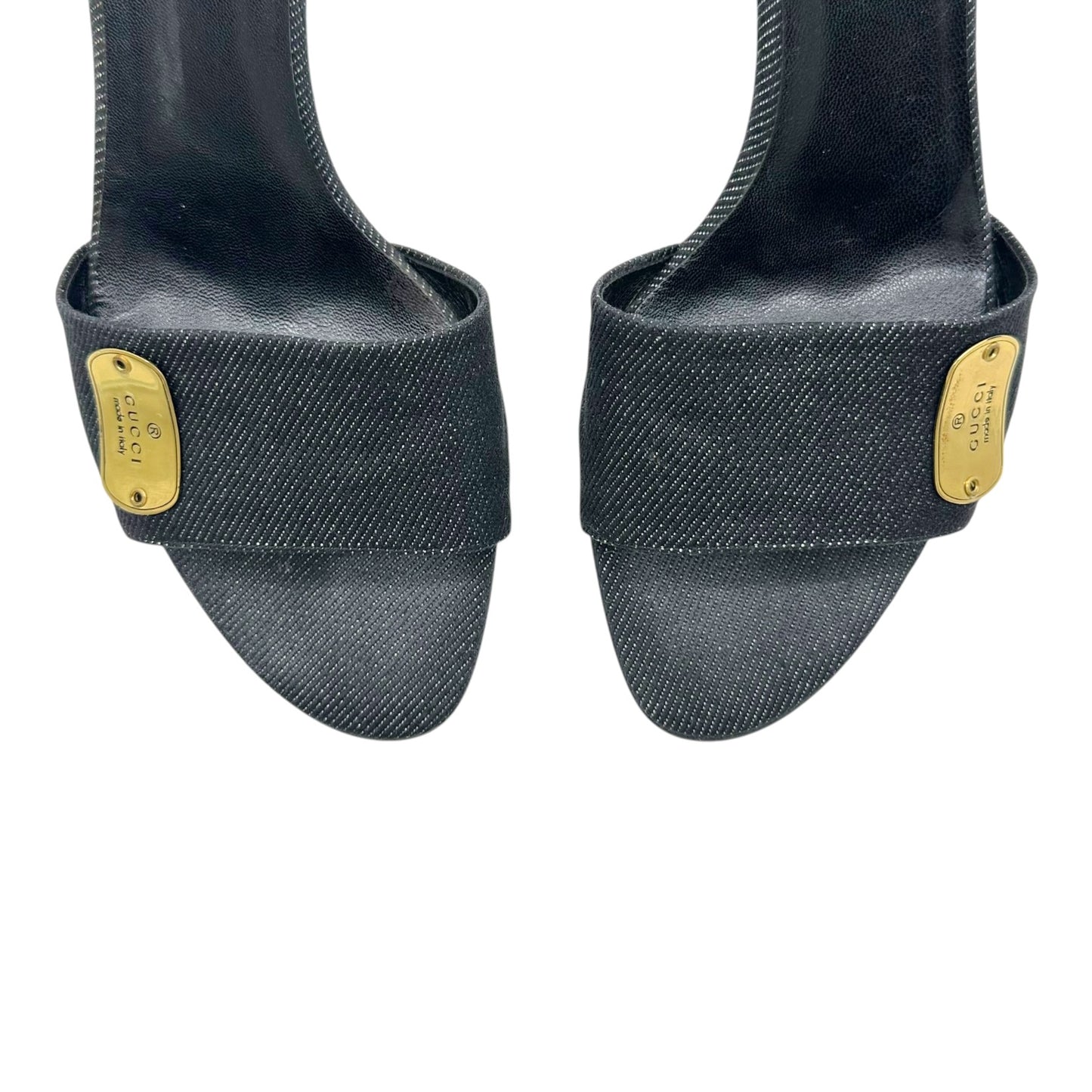 Gucci Dark Wash Denim Gold Kitten Heel Mules