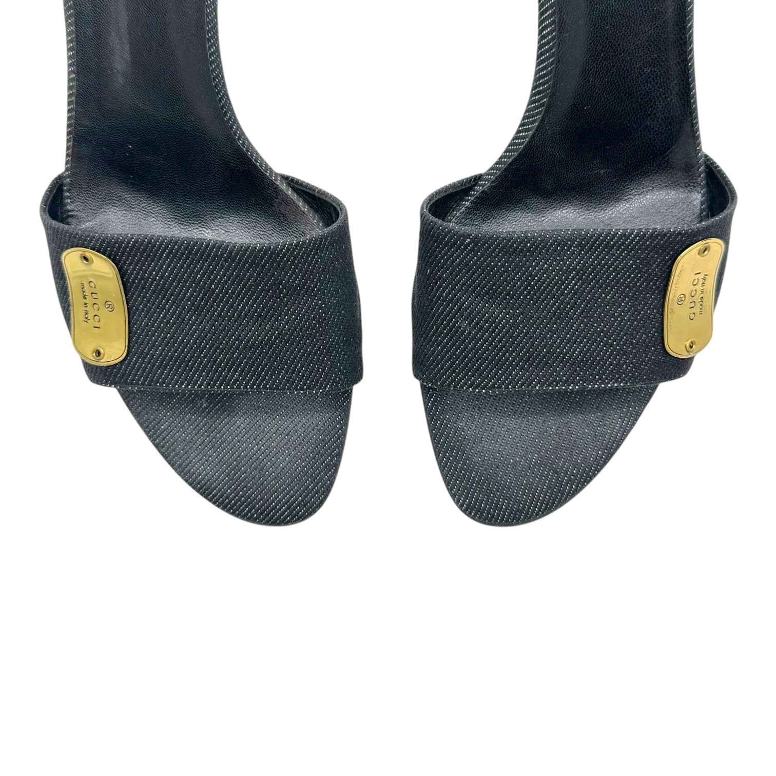 Gucci Dark Wash Denim Gold Kitten Heel Mules