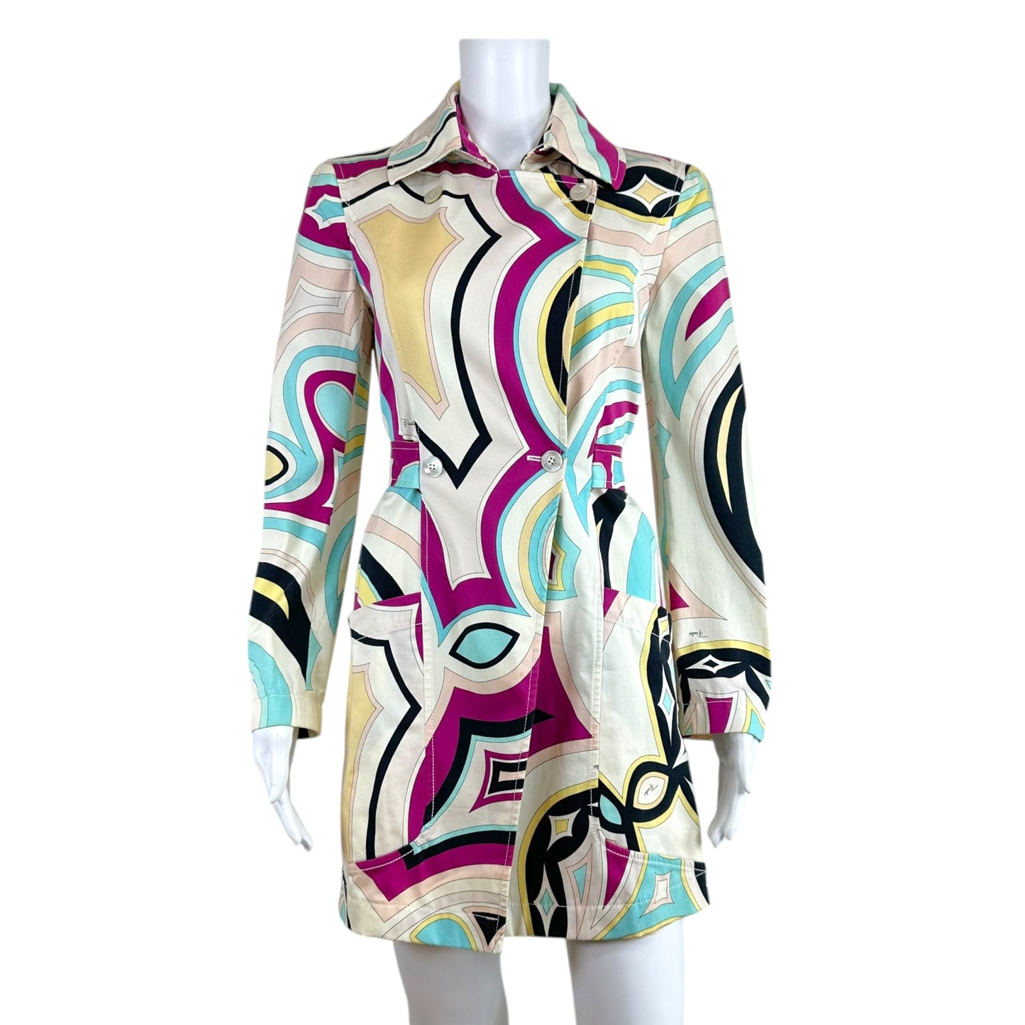 Emilio Pucci Cotton Trench Coat Pink Blue Multi Printed