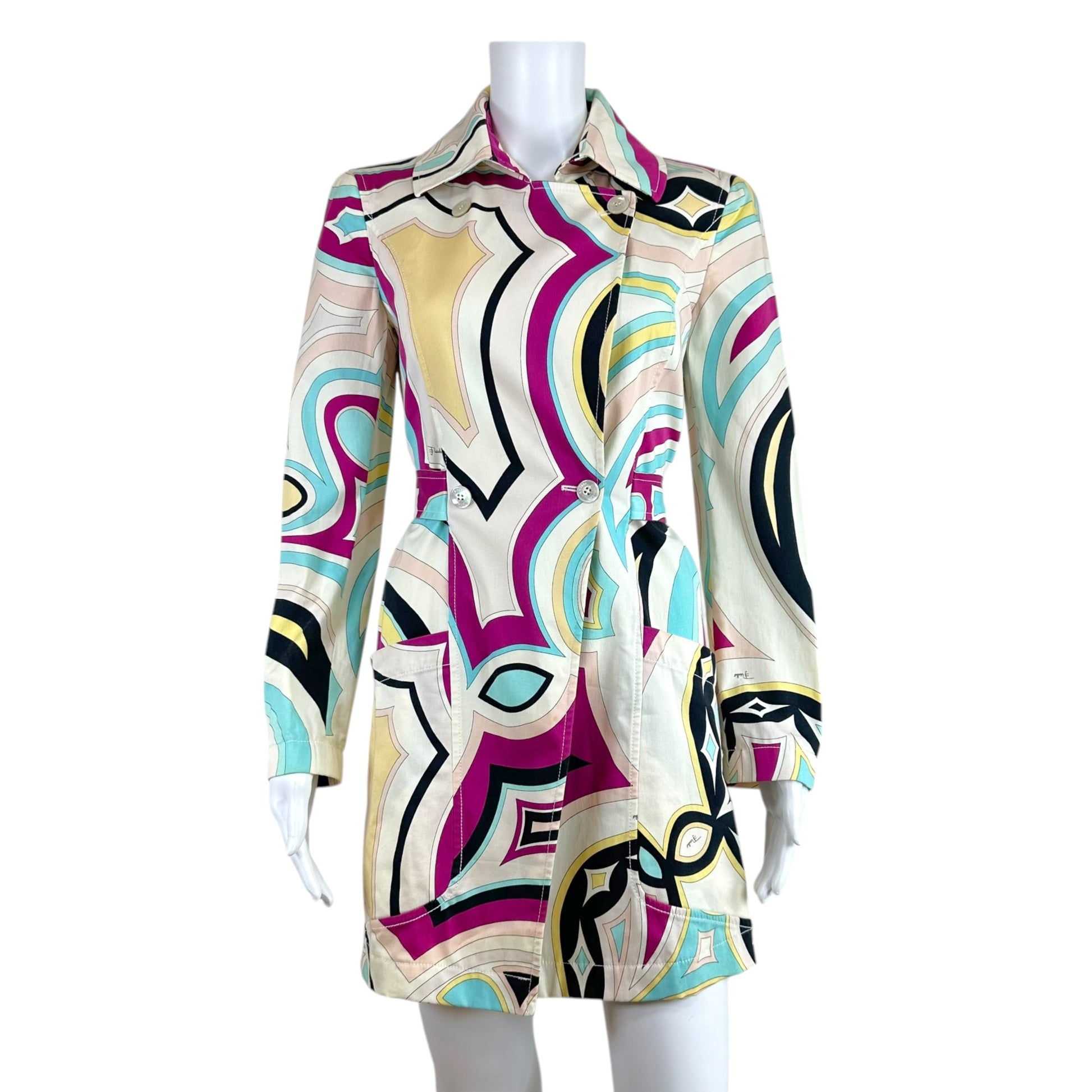 Emilio Pucci Cotton Trench Coat Pink Blue Multi Printed