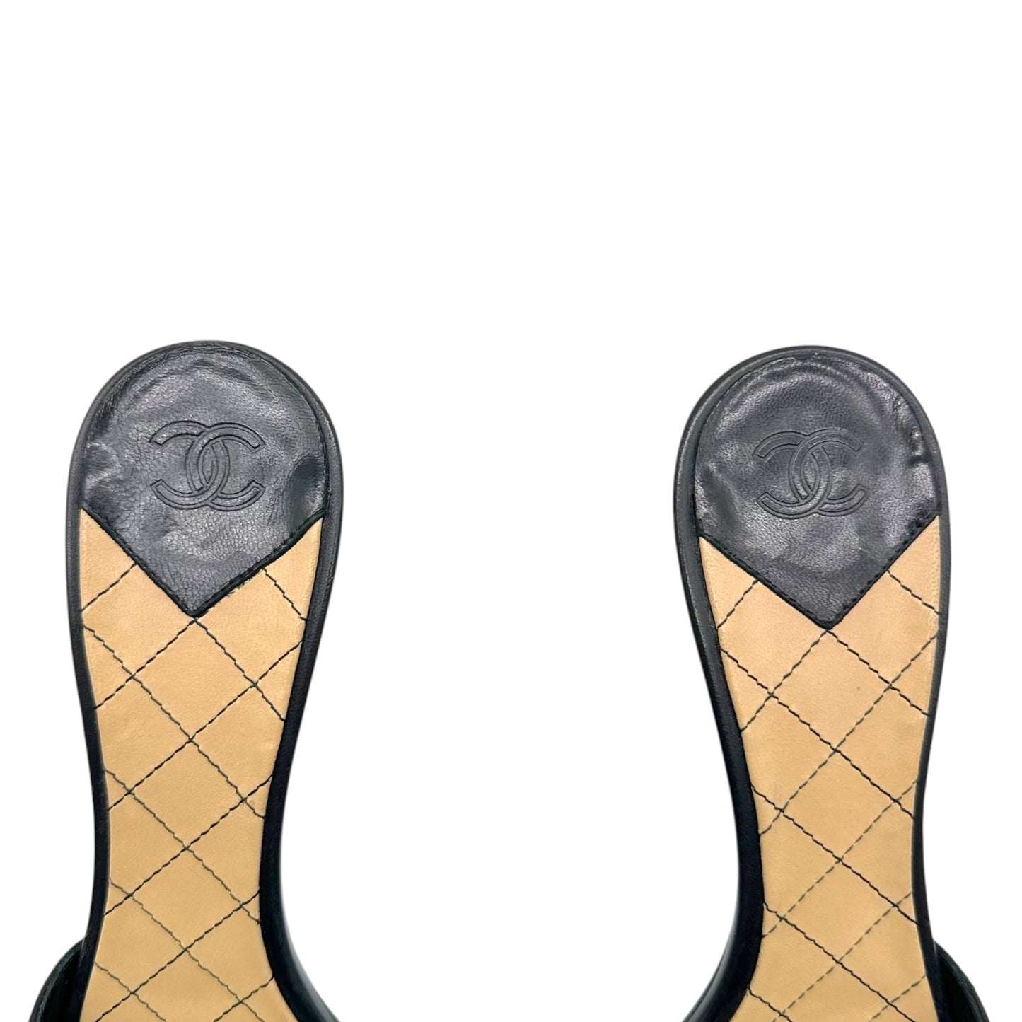 Chanel Black & Tan Striped Leather Kitten Heel Mule Sandals