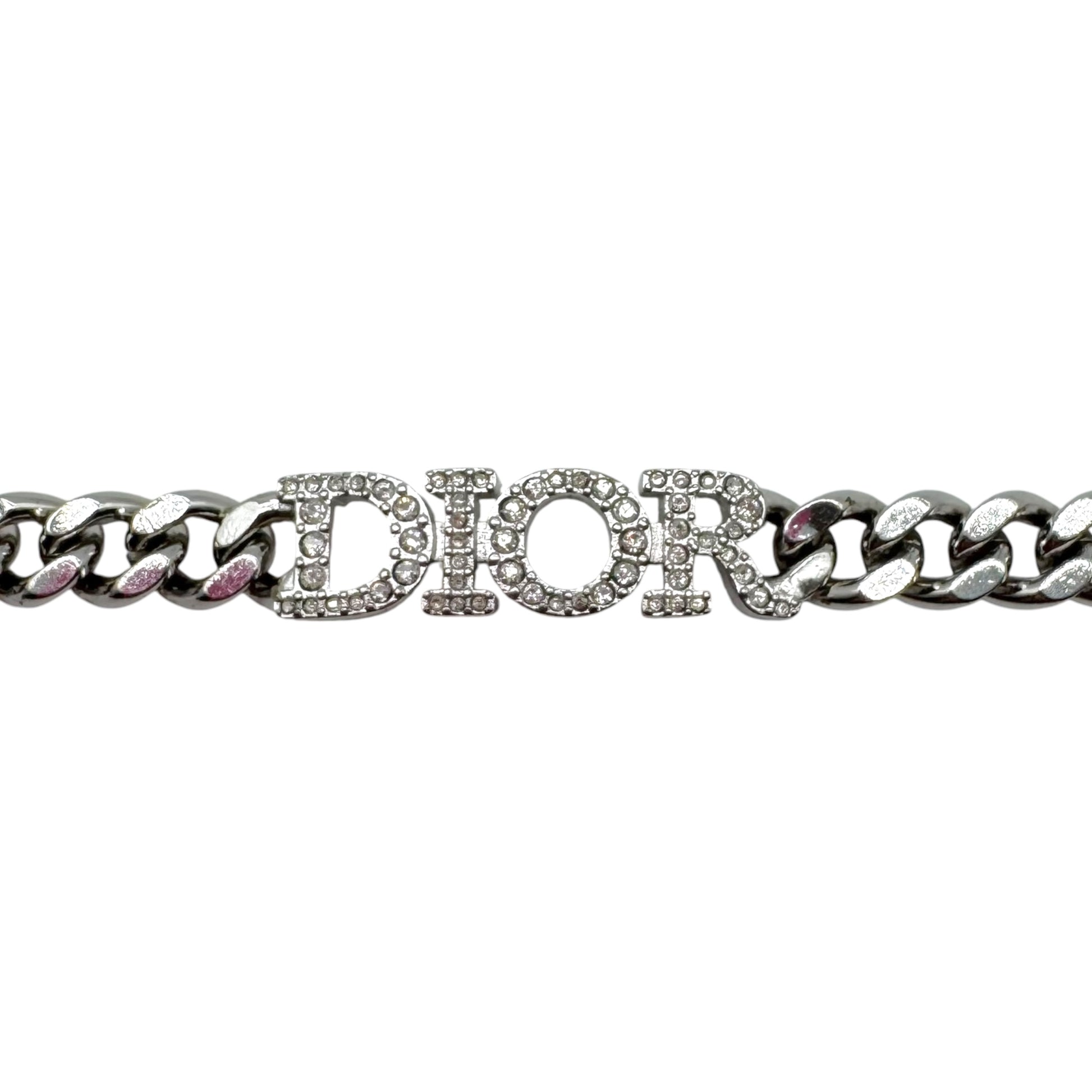 Christian Dior Silver Crystal Curb Chain Choker Necklace