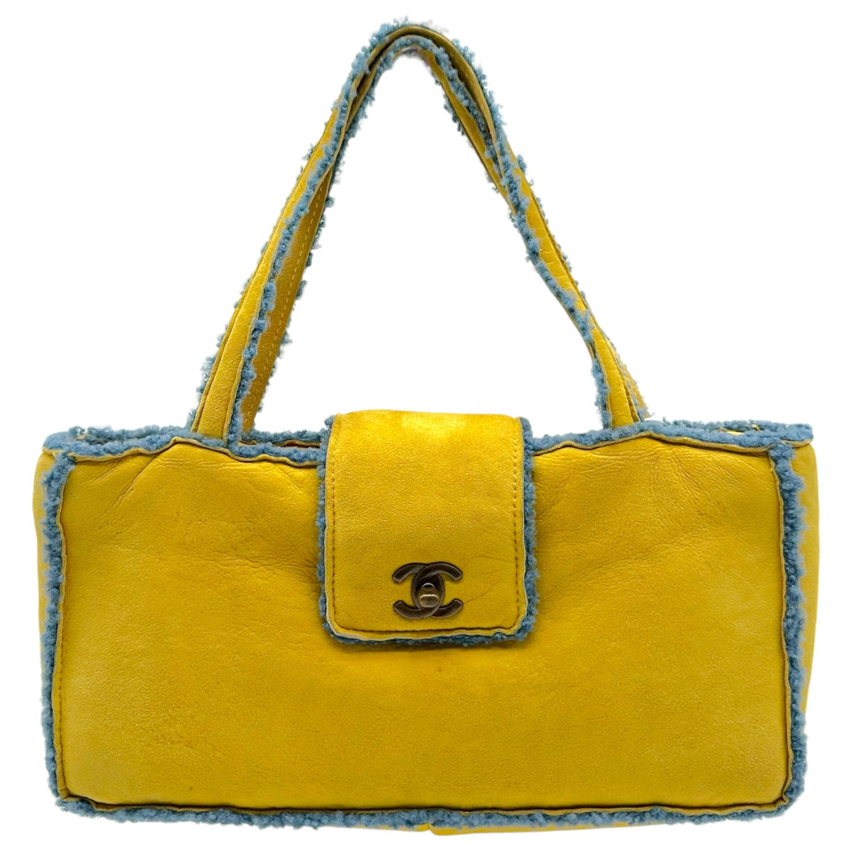 Chanel Yellow Blue Shearling Turnlock Handbag 1990s