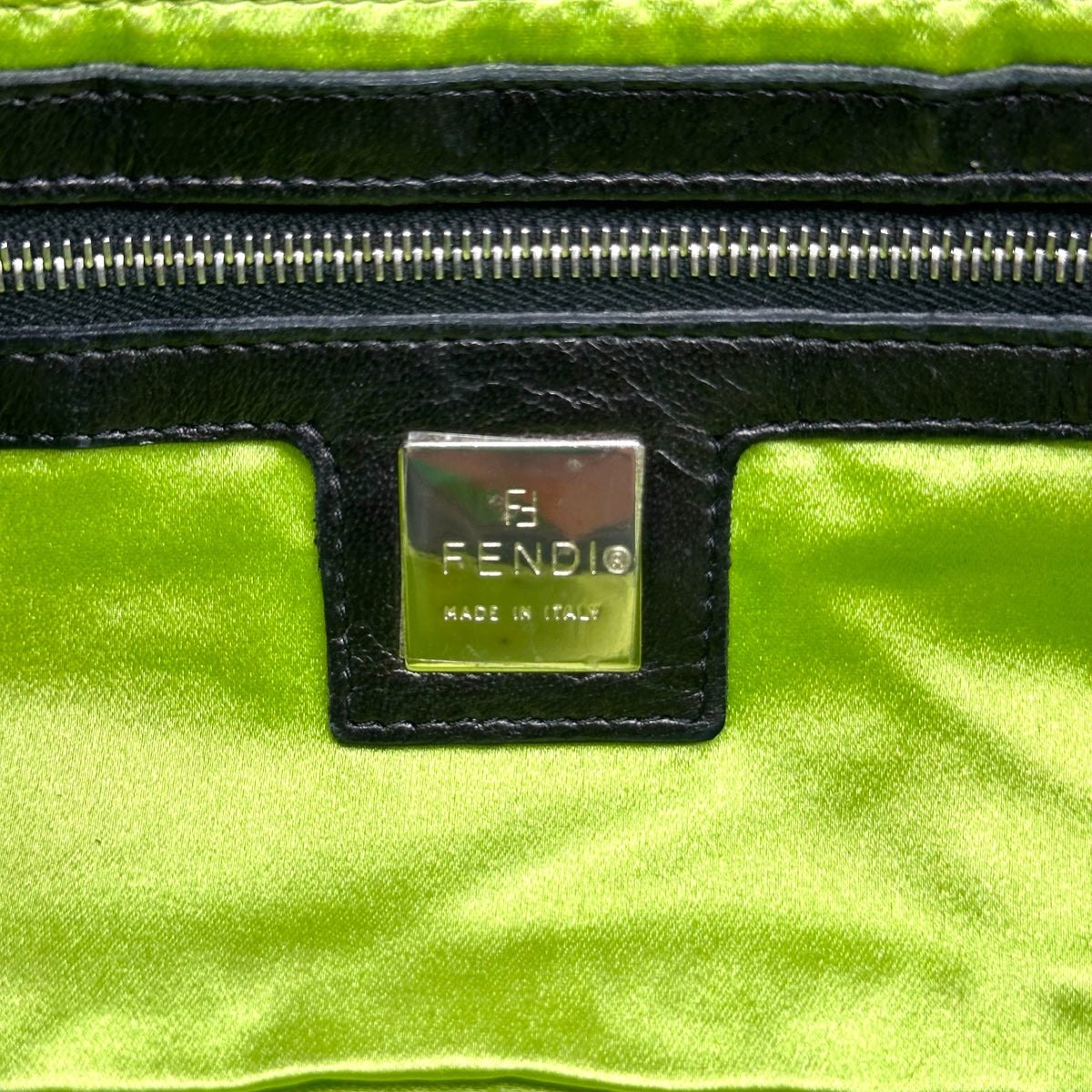 Fendi Black Lambskin Baguette Shoulder Bag with Green Buckle