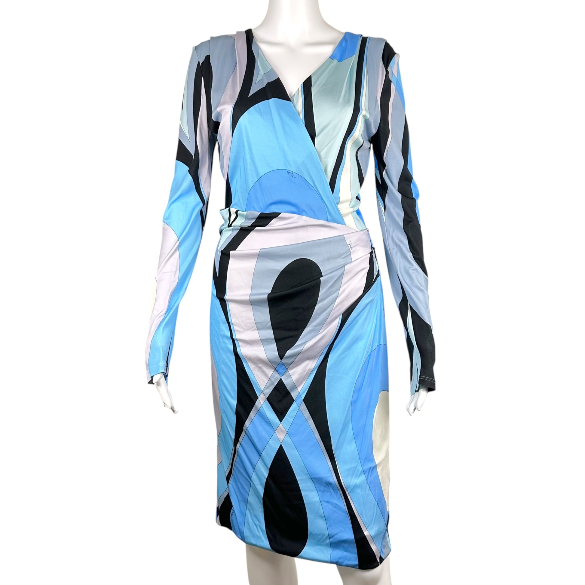 Emilio Pucci Printed Midi Wrap Dress Blue Black Long Sleeve