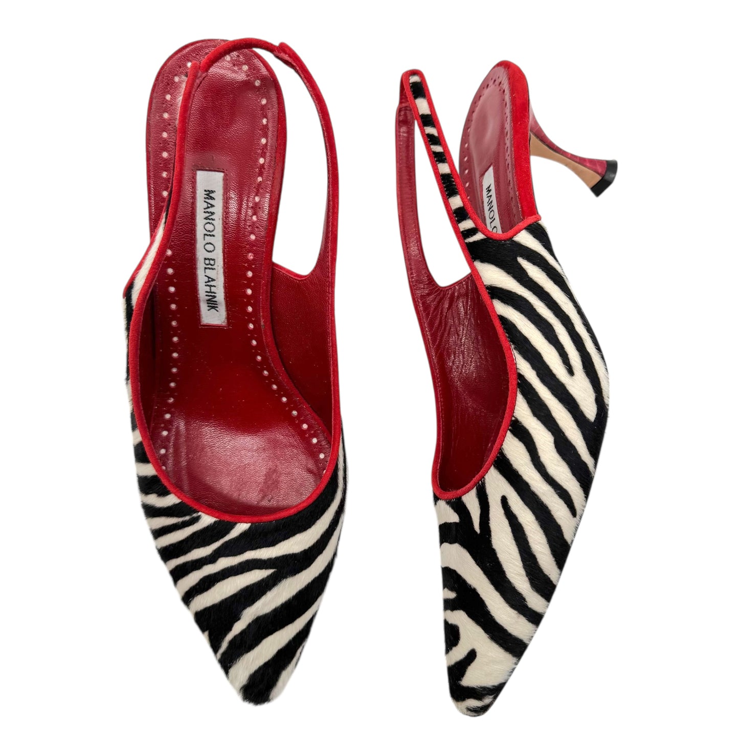 Manolo Blahnik Zebra & Red Leather Ponyhair Slingback Kitten Heels