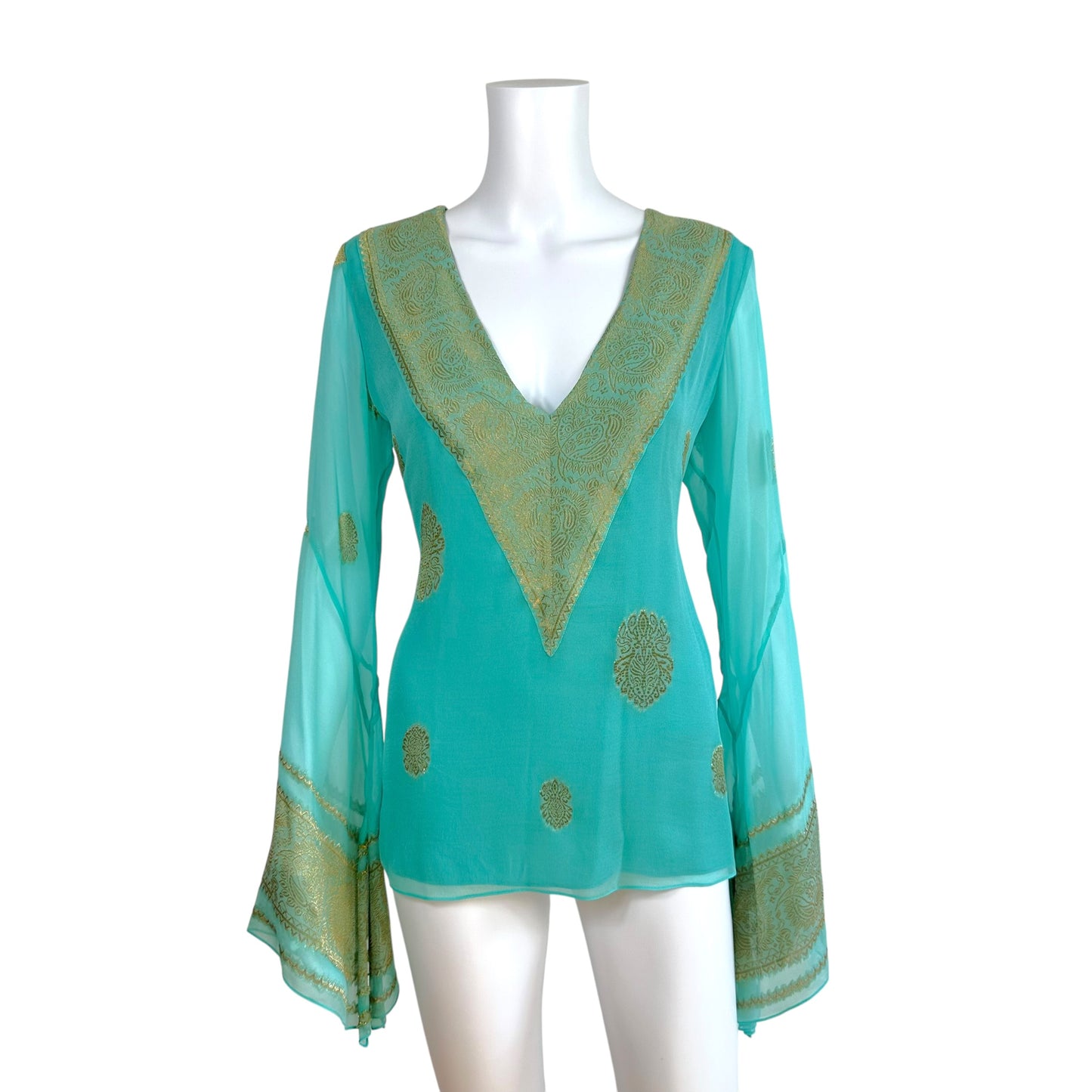Ralph Lauren Black Label Turquoise & Gold Paisely Patterned Silk Blouse