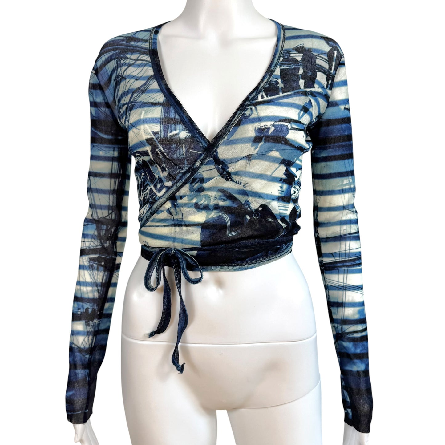 Jean Paul Gaultier Soleil Blue & White Striped Printed Mesh Wrap Top