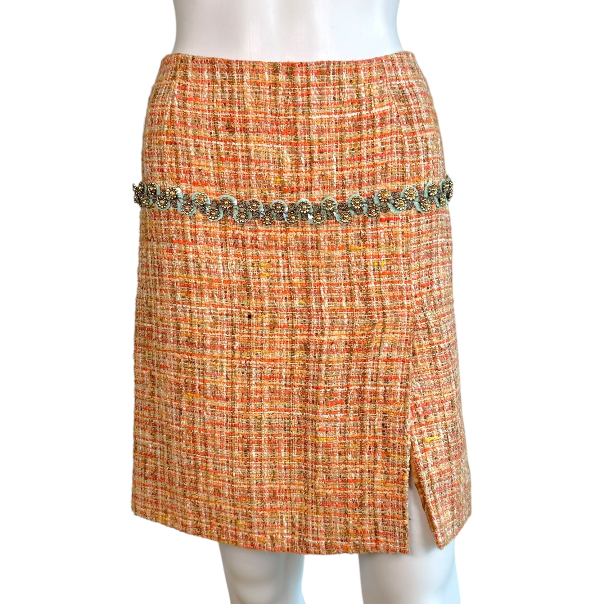Dolce & Gabbana Orange Tweed Sparkle Midi Skirt