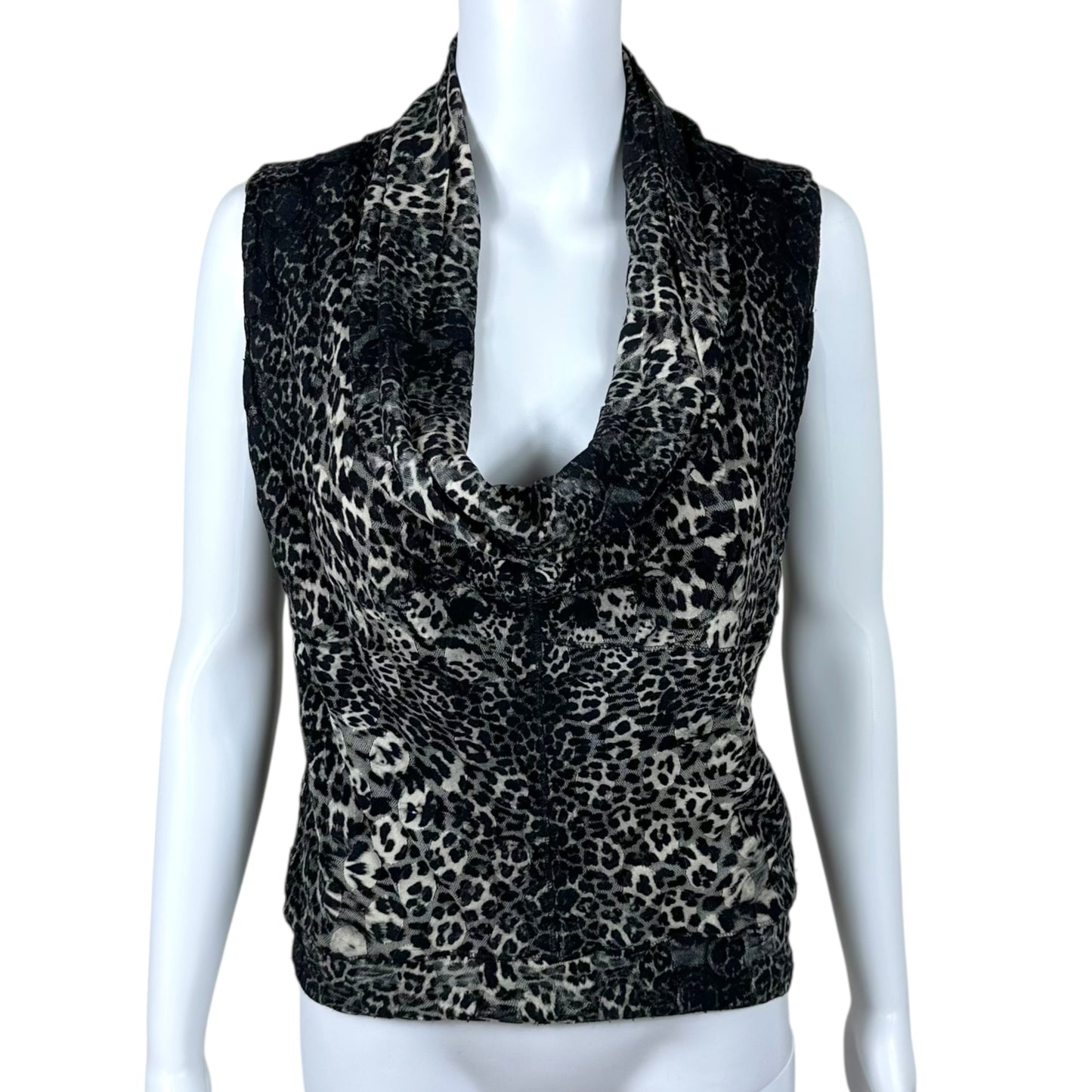 Jean Paul Gaultier Black Leopard Print Mesh Scoop Neck Blouse