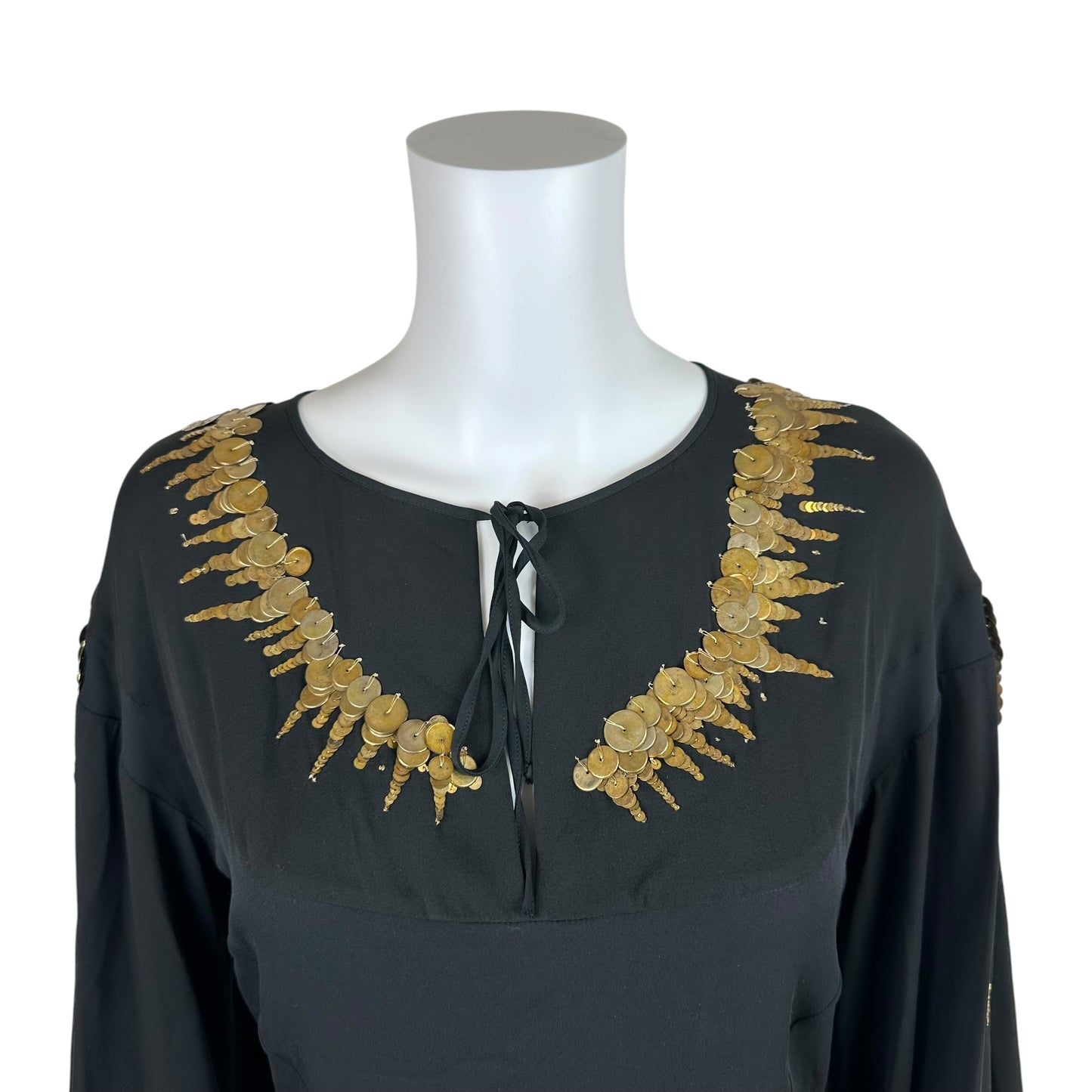 Emilio Pucci Silk Peasant Blouse Black Gold Beaded