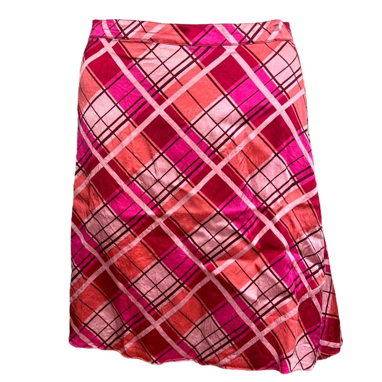 Anna Molinari of Blumarine Pink Plaid Printed Satin Midi Skirt - Outfit Repeater