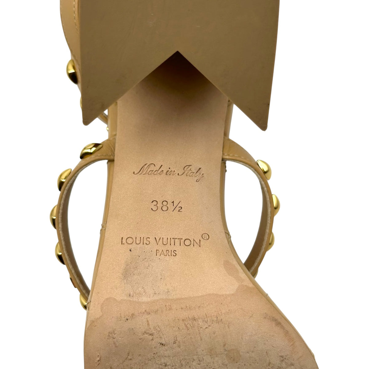 Louis Vuitton Tan Leather Gold Studded Block Heel Sandals