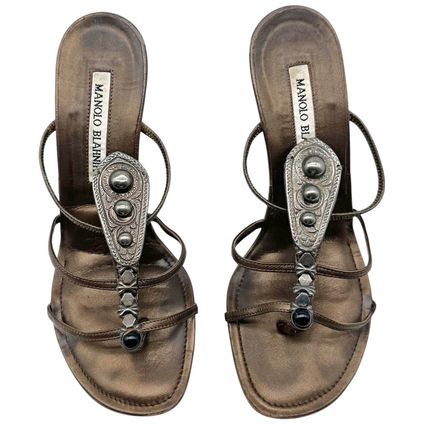 Manolo Blahnik Bronze Studded Metal Sandal Heels