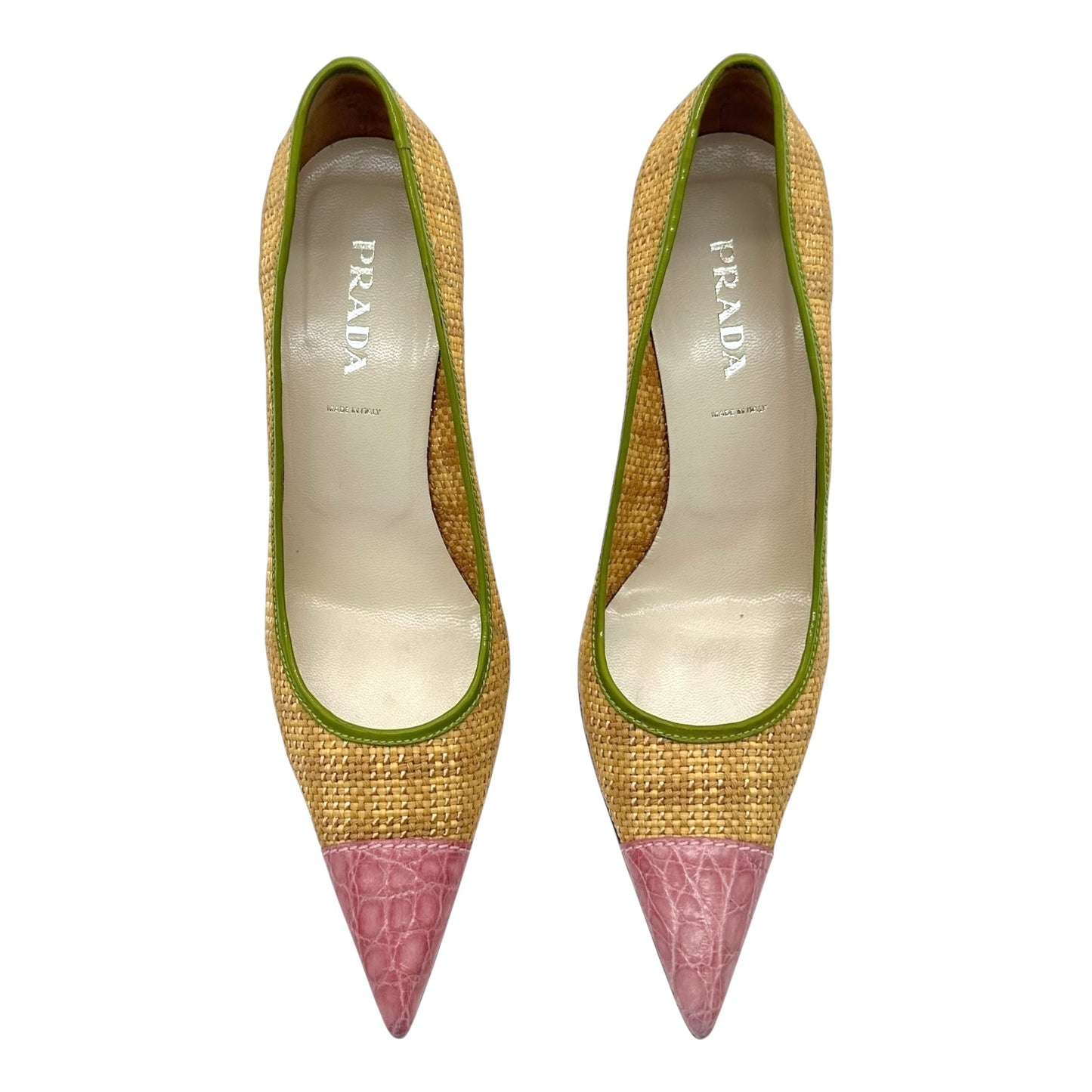 Prada Pink & Green Raffia Pointed Toe Heels - Outfit Repeater