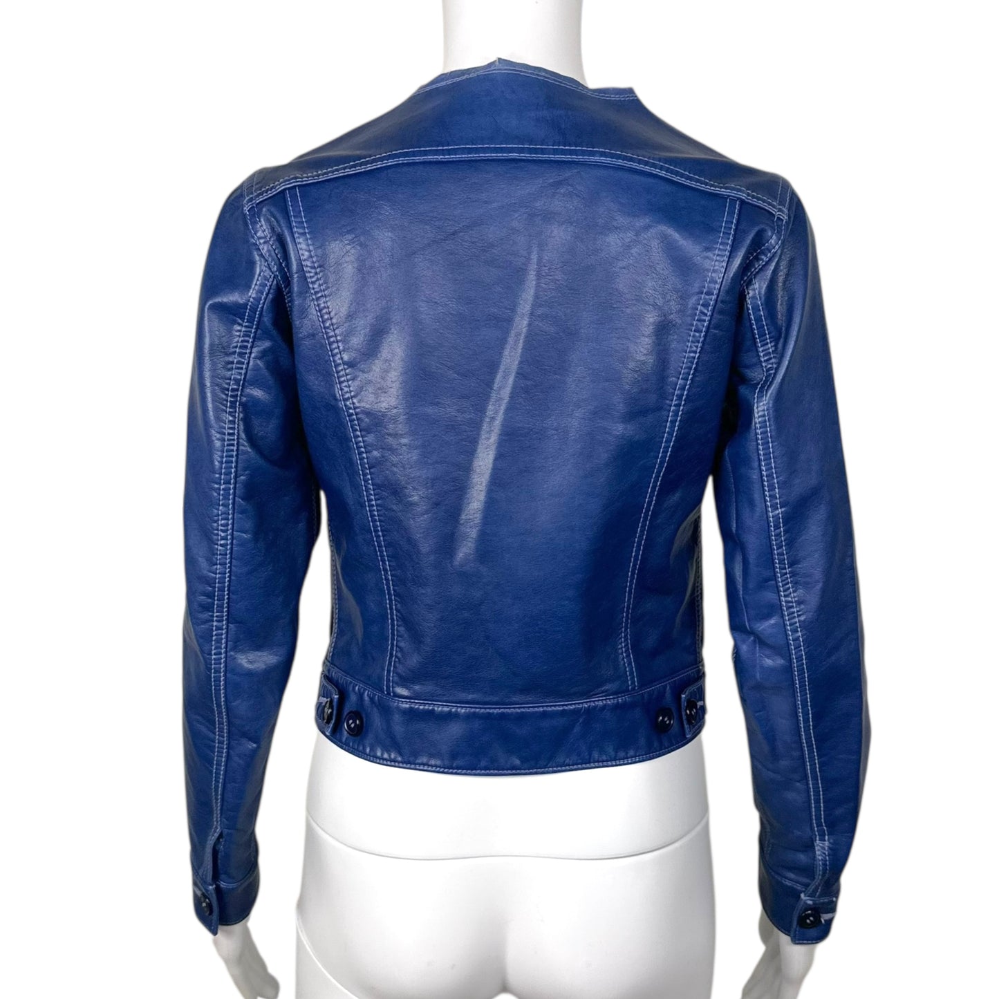 CDG Comme des Garçons ss17 Blue Faux Leather Button Up Raw Hem Jacket - Outfit Repeater