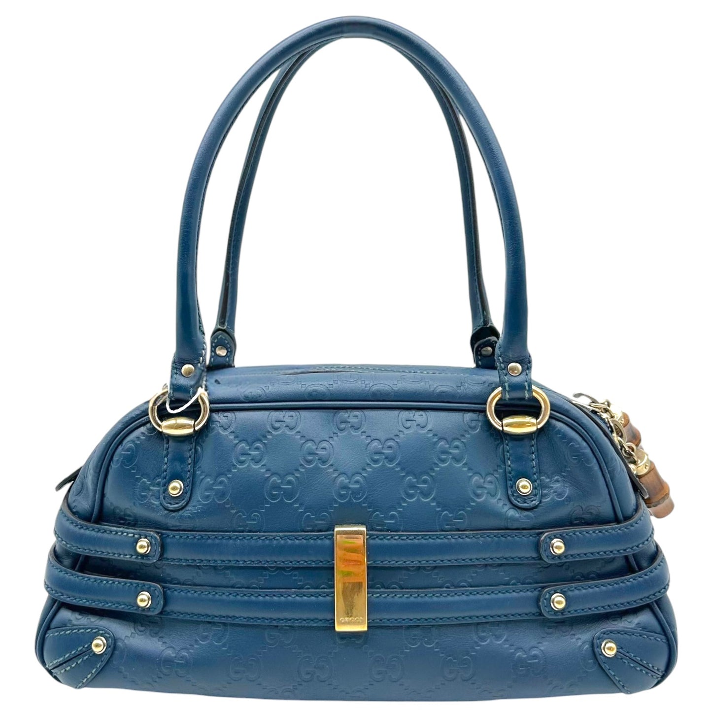 Gucci Navy Blue & Gold Bamboo Guccissima Monogram East-West Shoulder Bag