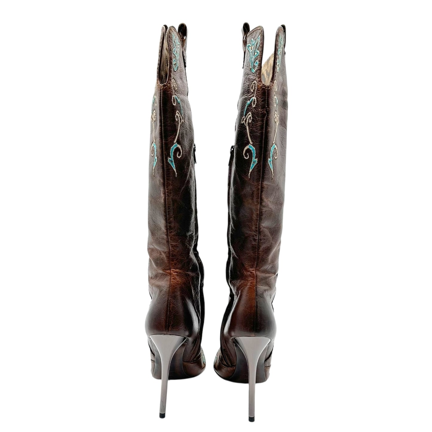 Roberto Cavalli Brown Embroidered Heeled Western Boots