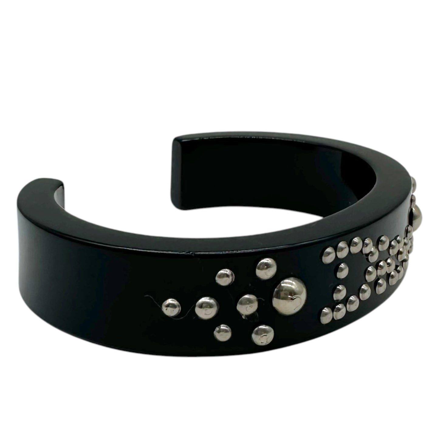 Christian Dior Black PVC Cuff Bangle Bracelet Silver Studs