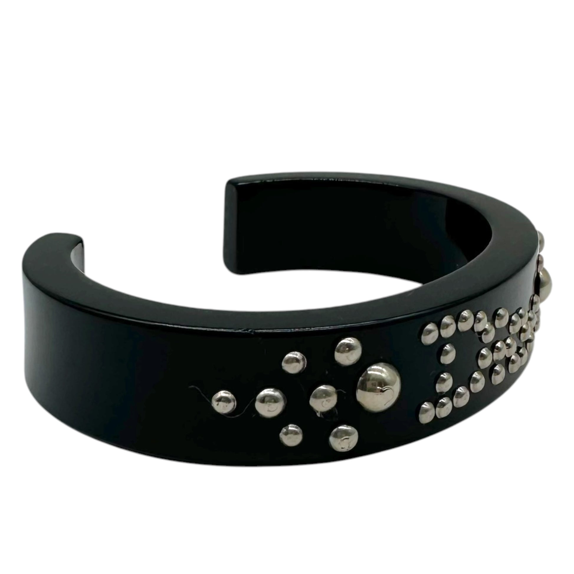 Christian Dior Black PVC Cuff Bangle Bracelet Silver Studs