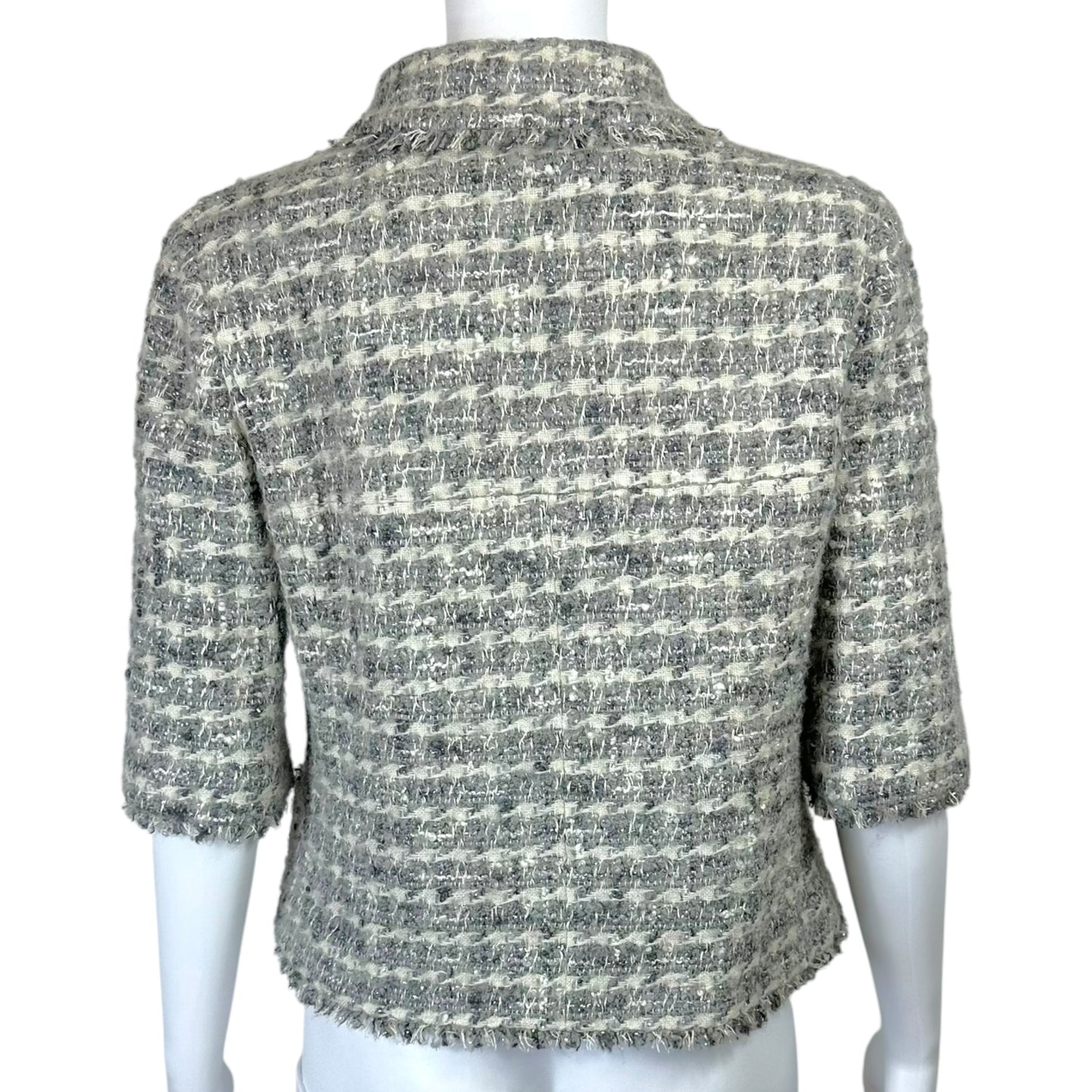 Chanel Fall 2005 Metallic Silver & Ivory Tweed Crop 1/2 Sleeve Jacket
