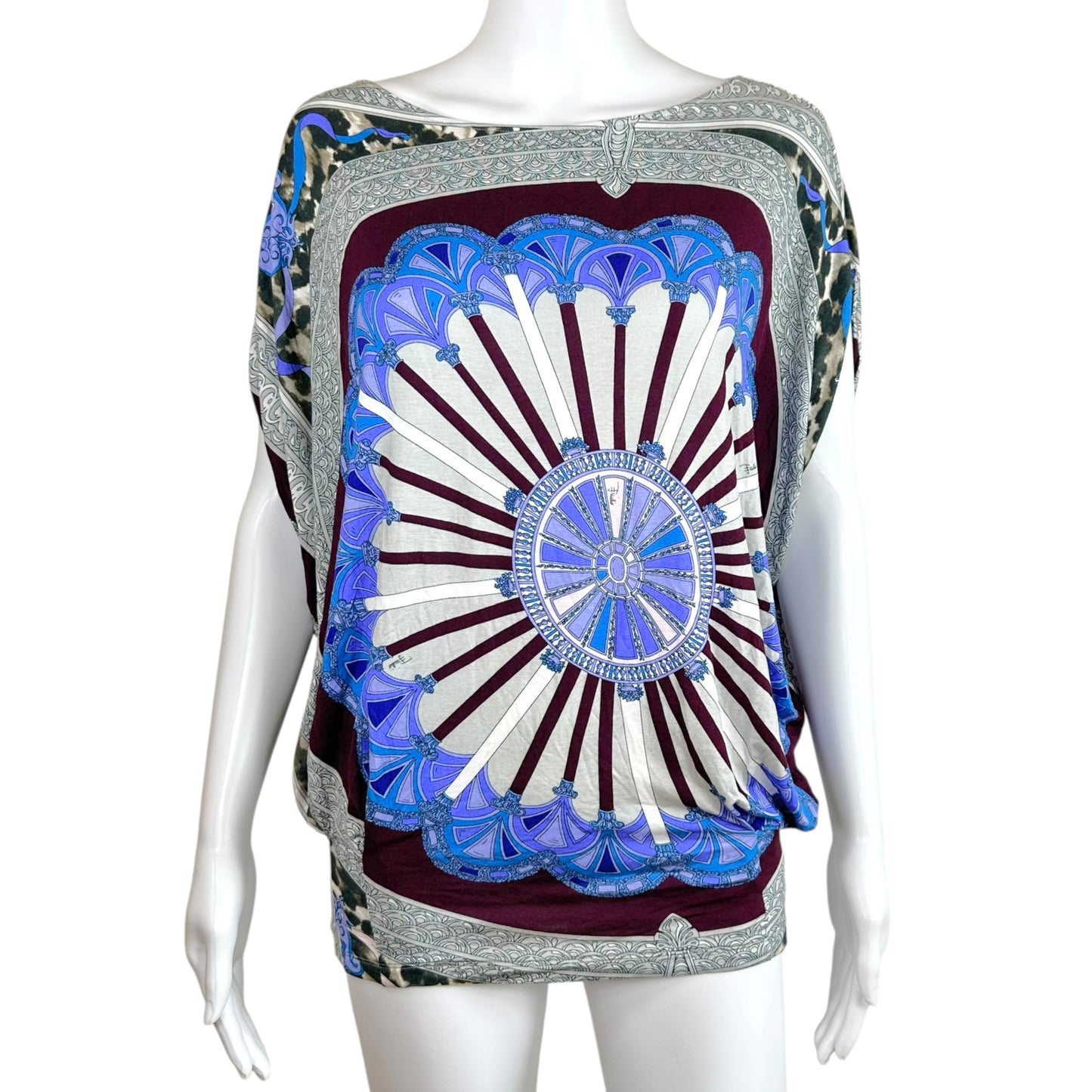 Emilio Pucci Off-Shoulder Dolman Top Blue Gray Multi Print