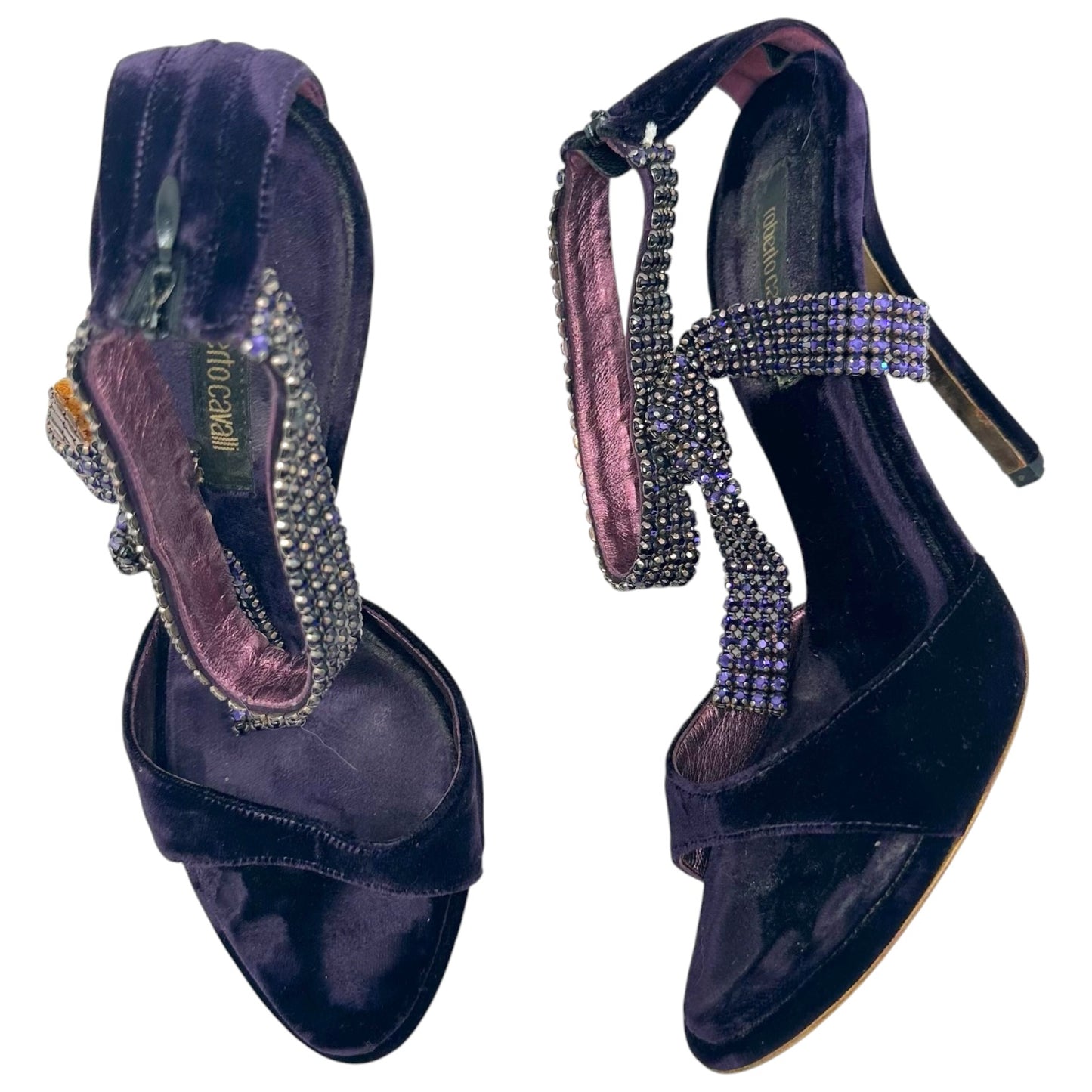 Roberto Cavalli Purple Velvet & Crystal Ankle Strap Heeled Sandals