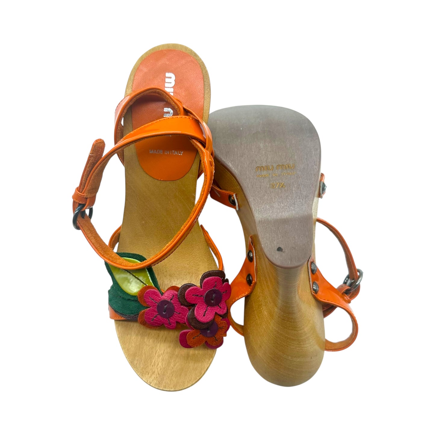 Miu Miu Orange Floral & Wooden Wedge Sandals