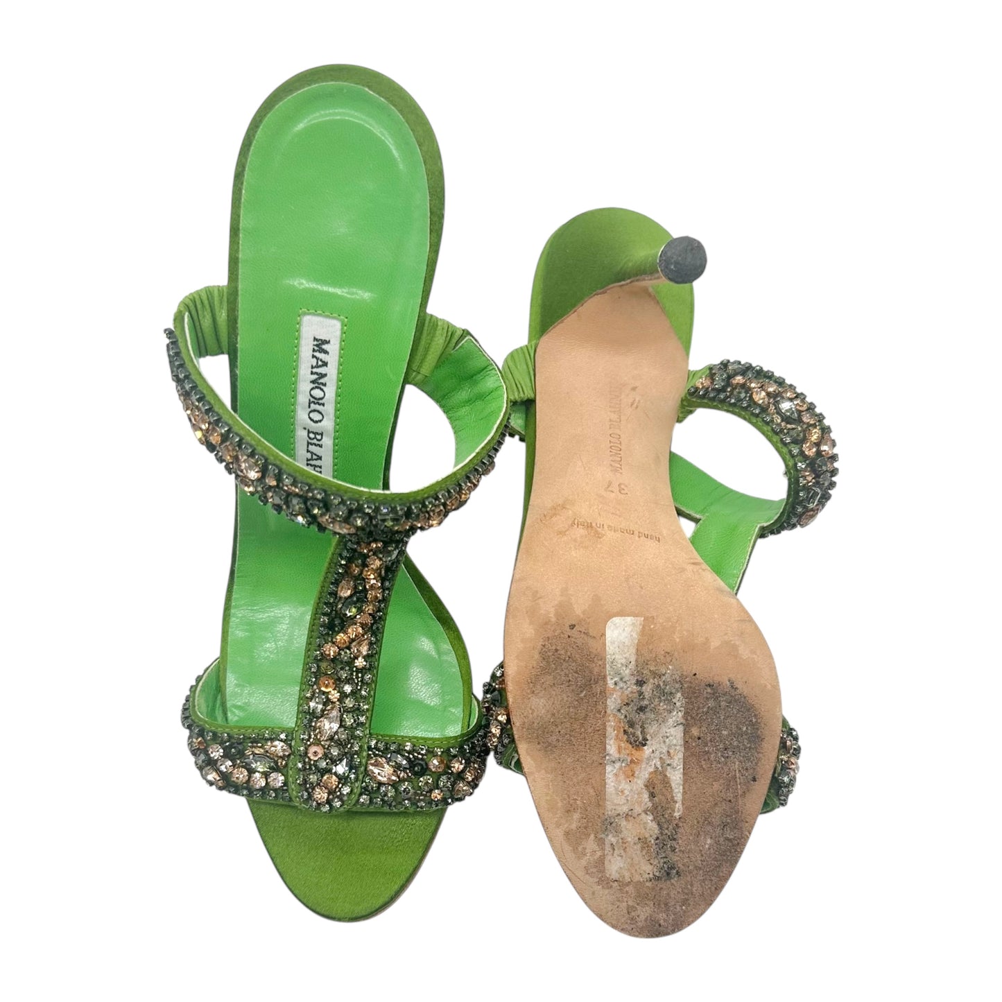 Manolo Blahnik Green Crystal Embellished Sandal Heels