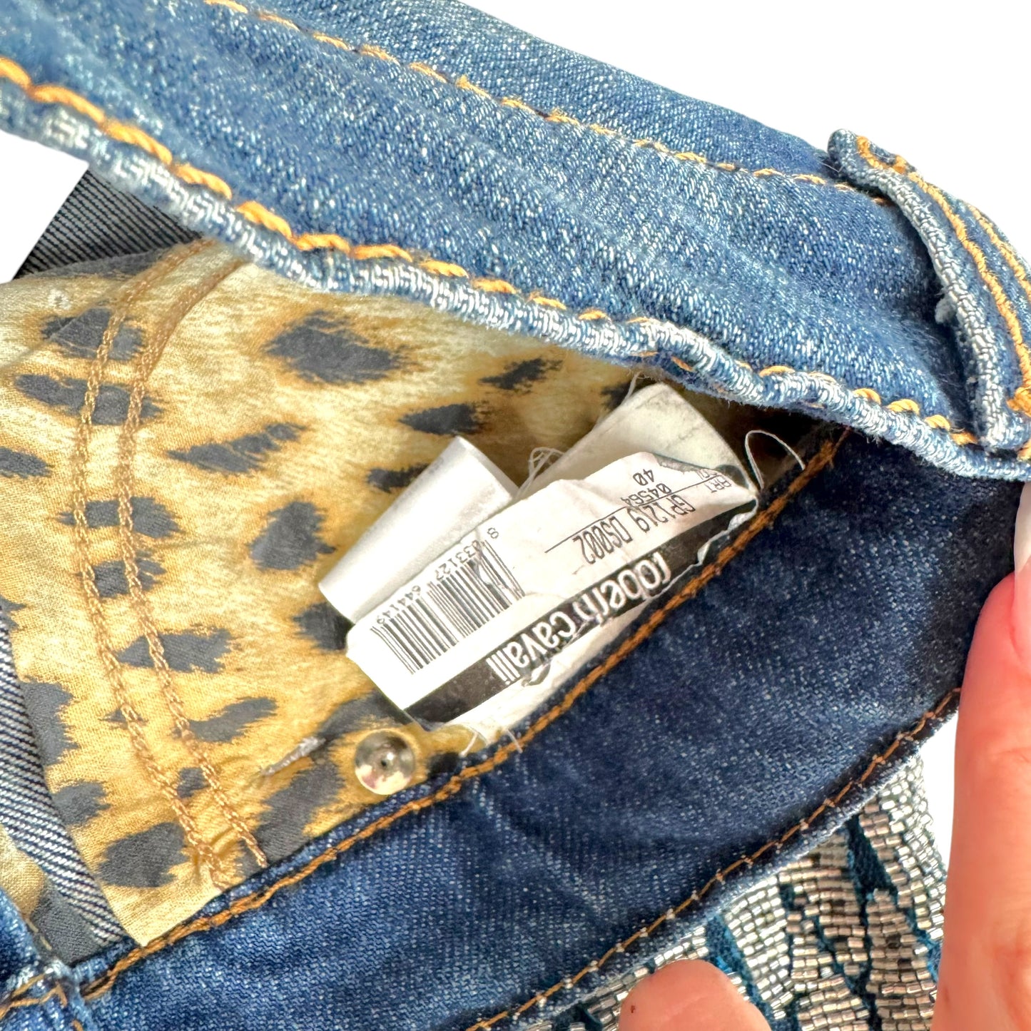 Roberto Cavalli Silver 'Scale' Beaded Dark Wash Bootcut Jeans NEW