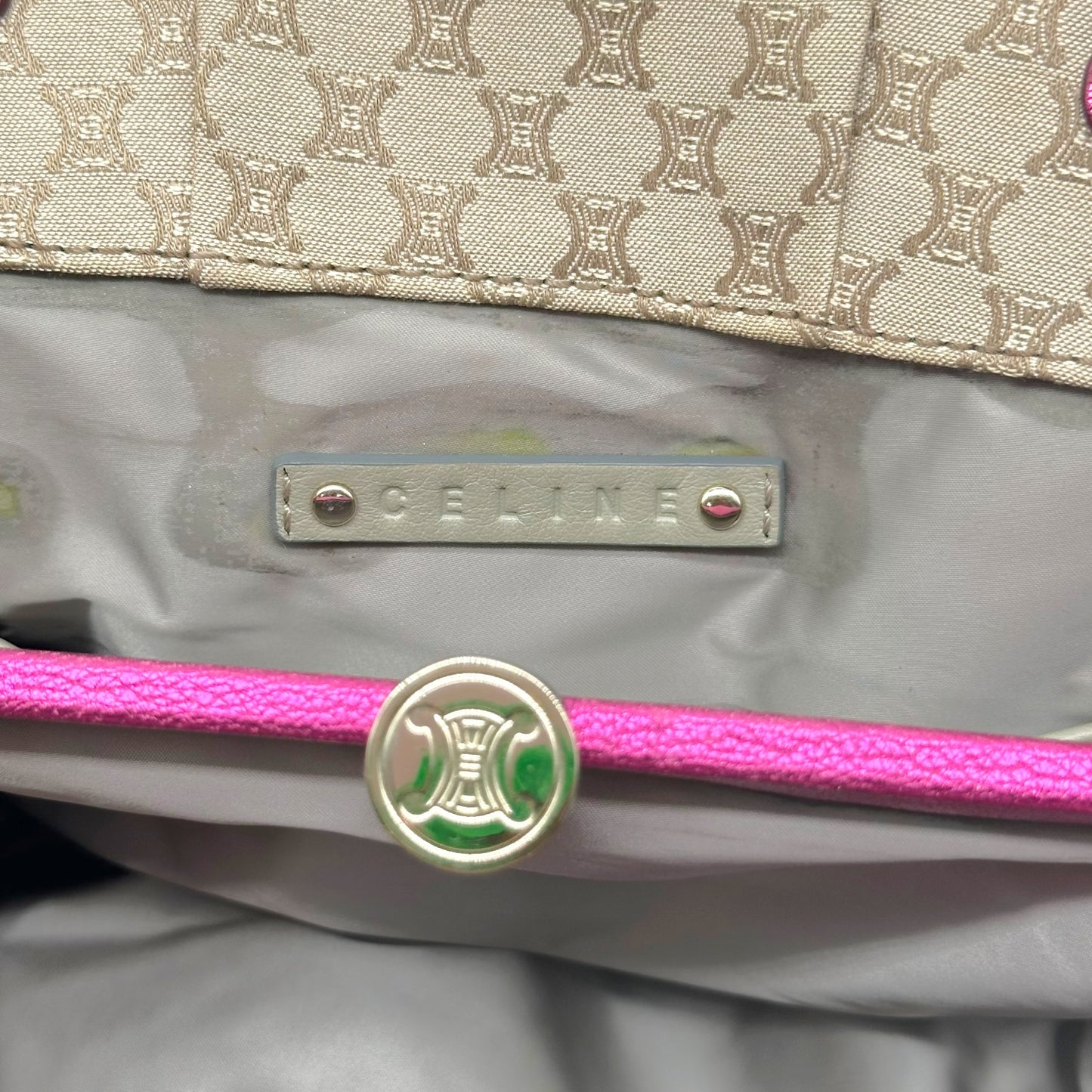Celine Kisslock Shoulder Bag Metallic Pink Leather Tan