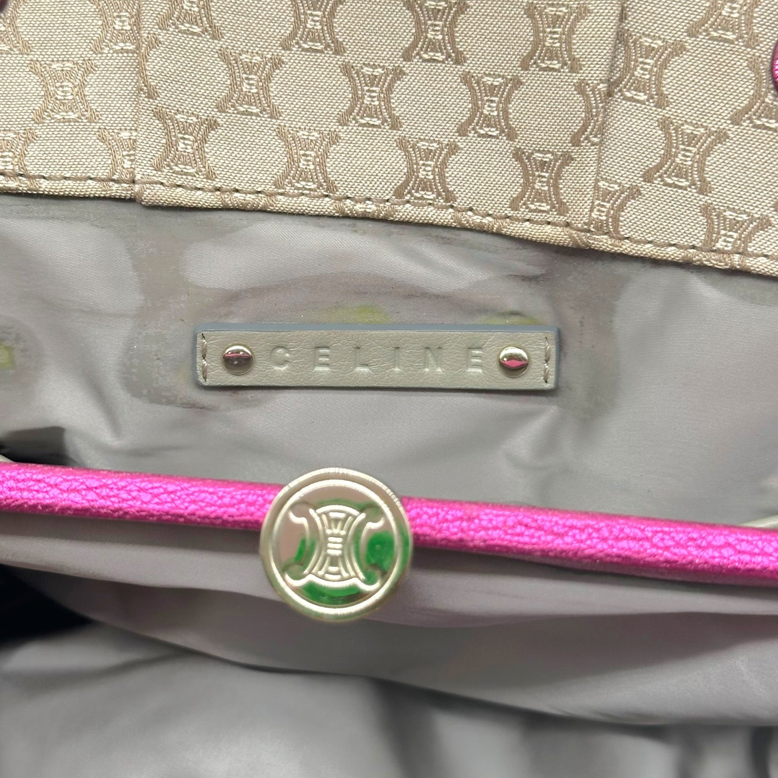 Celine Kisslock Shoulder Bag Metallic Pink Leather Tan