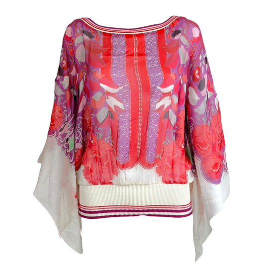Roberto Cavalli Class White & Red Floral Print Sheer Silk Wide Sleeve Blouse