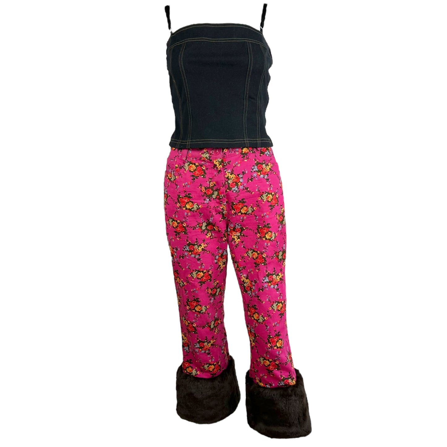 D&G Dolce & Gabbana Faux Fur Trim Floral Capri & Crop Top Set