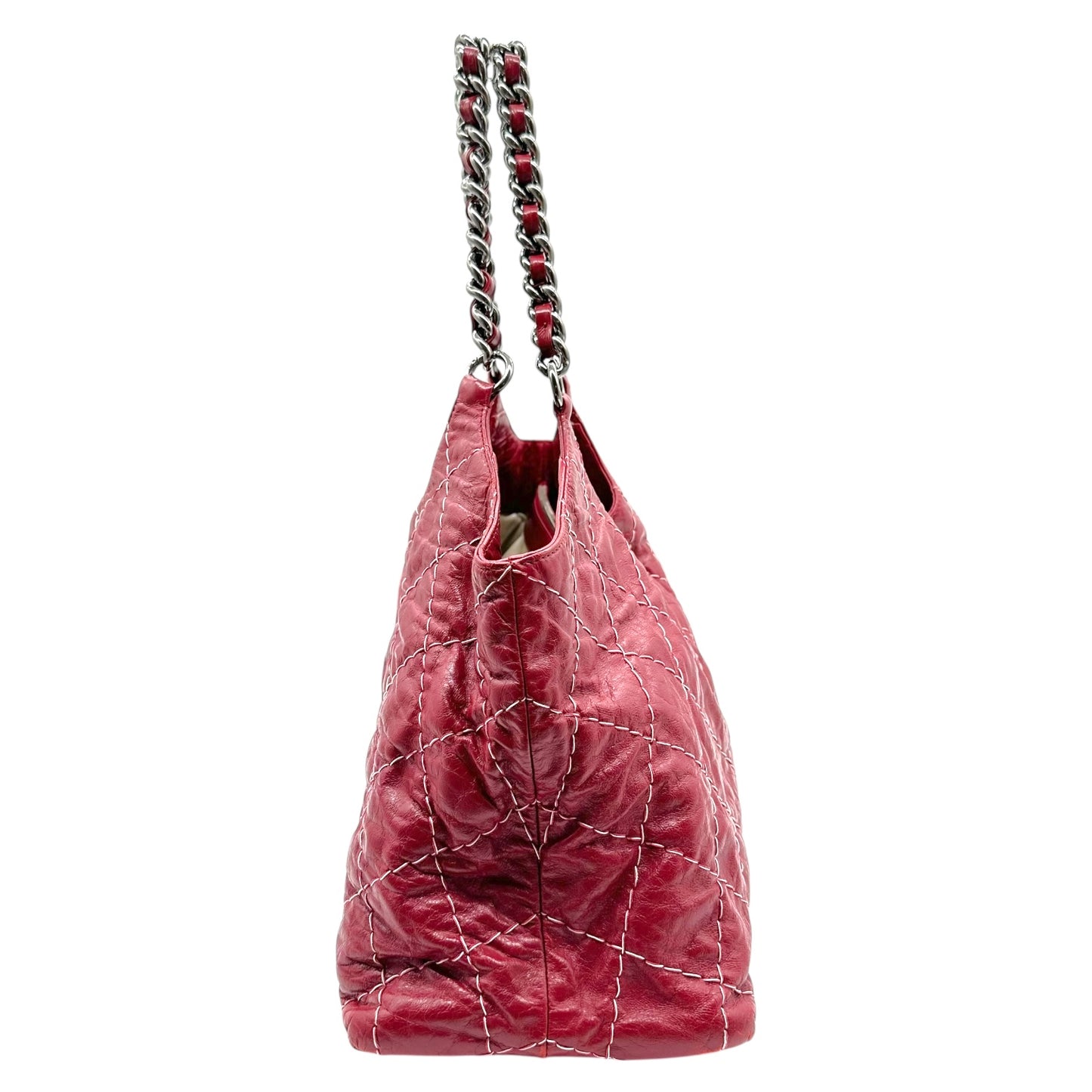 Chanel Red Goatskin Contrast Stitch Hobo Bag