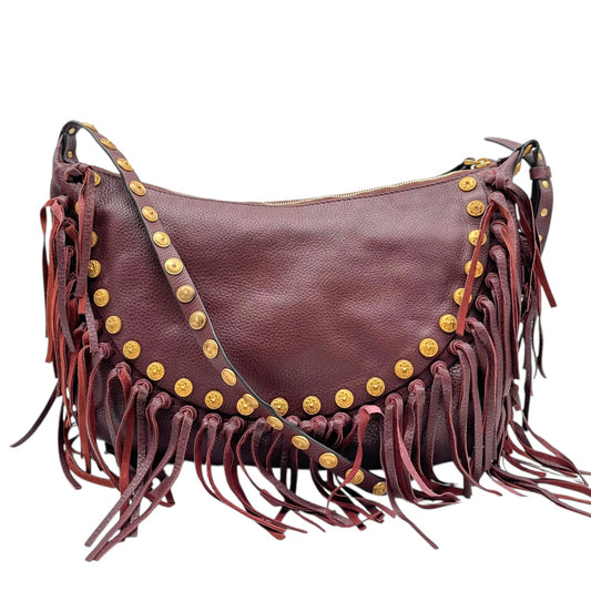 Valentino Garavani Burgundy & Gold Studded Fringe Satchel Bag