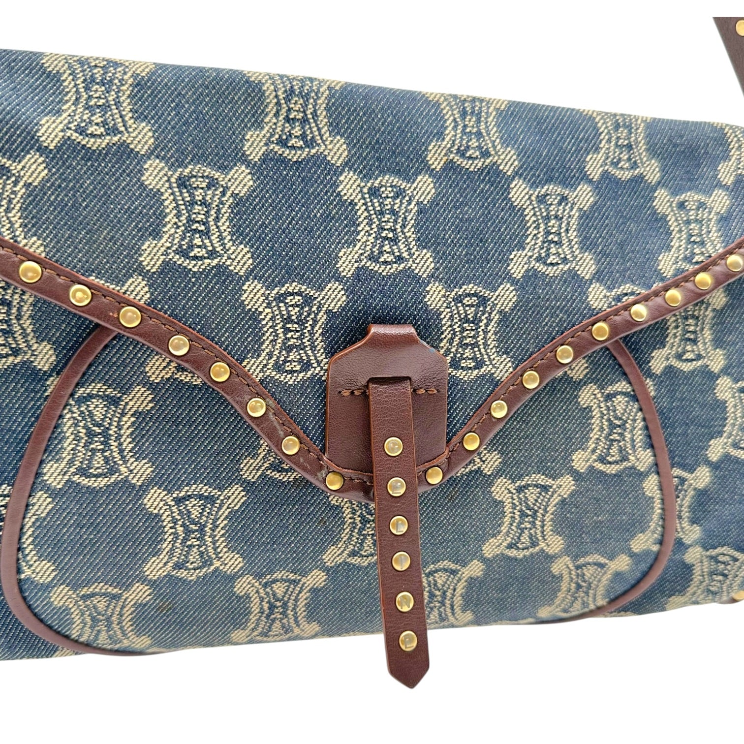 Celine Denim Shoulder Bag Triomphe Monogram Studded