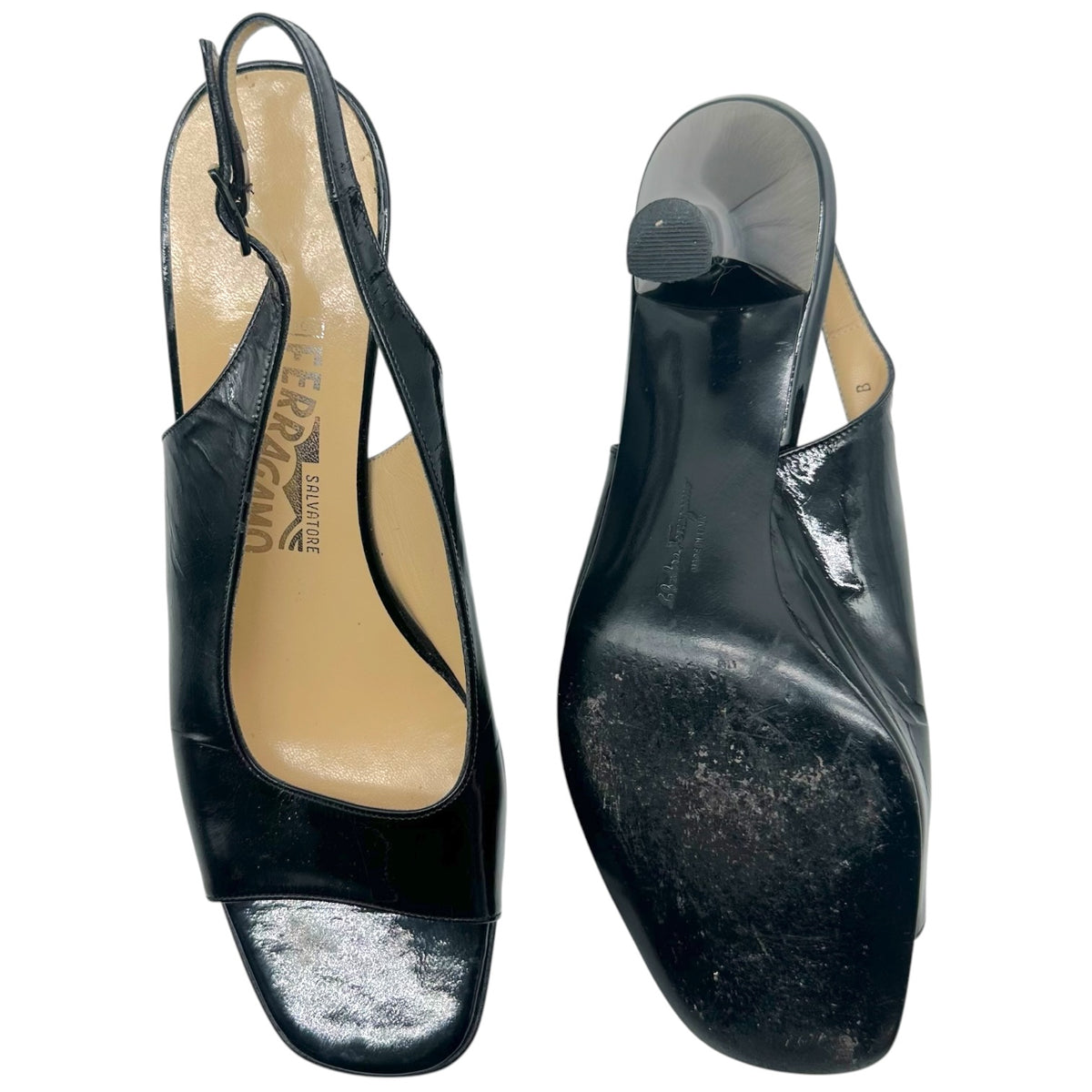 Salvatore Ferragamo Black Patent & Silver Kitten Heel Slingback Sandals