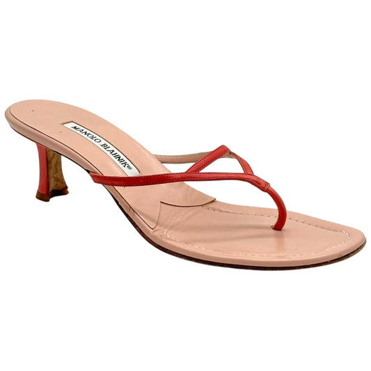 Manolo Blahnik Pink Leather Kitten Heel Flip Flops - Outfit Repeater