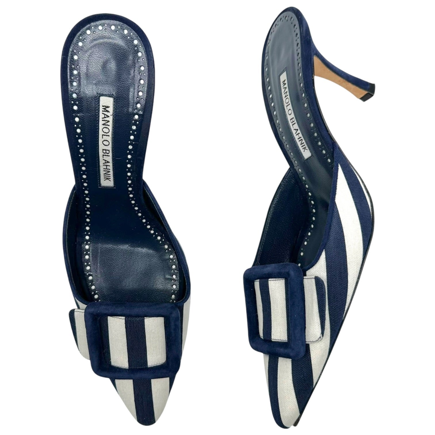 Manolo Blahnik Navy White Striped Mule Heels