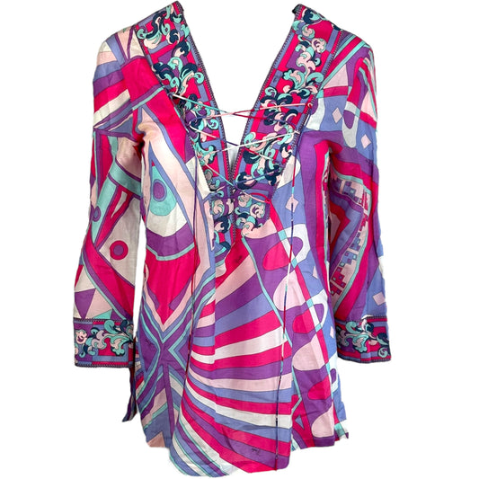 Emilio Pucci Pink & Purple Printed Lace Up Sheer Blouse Top