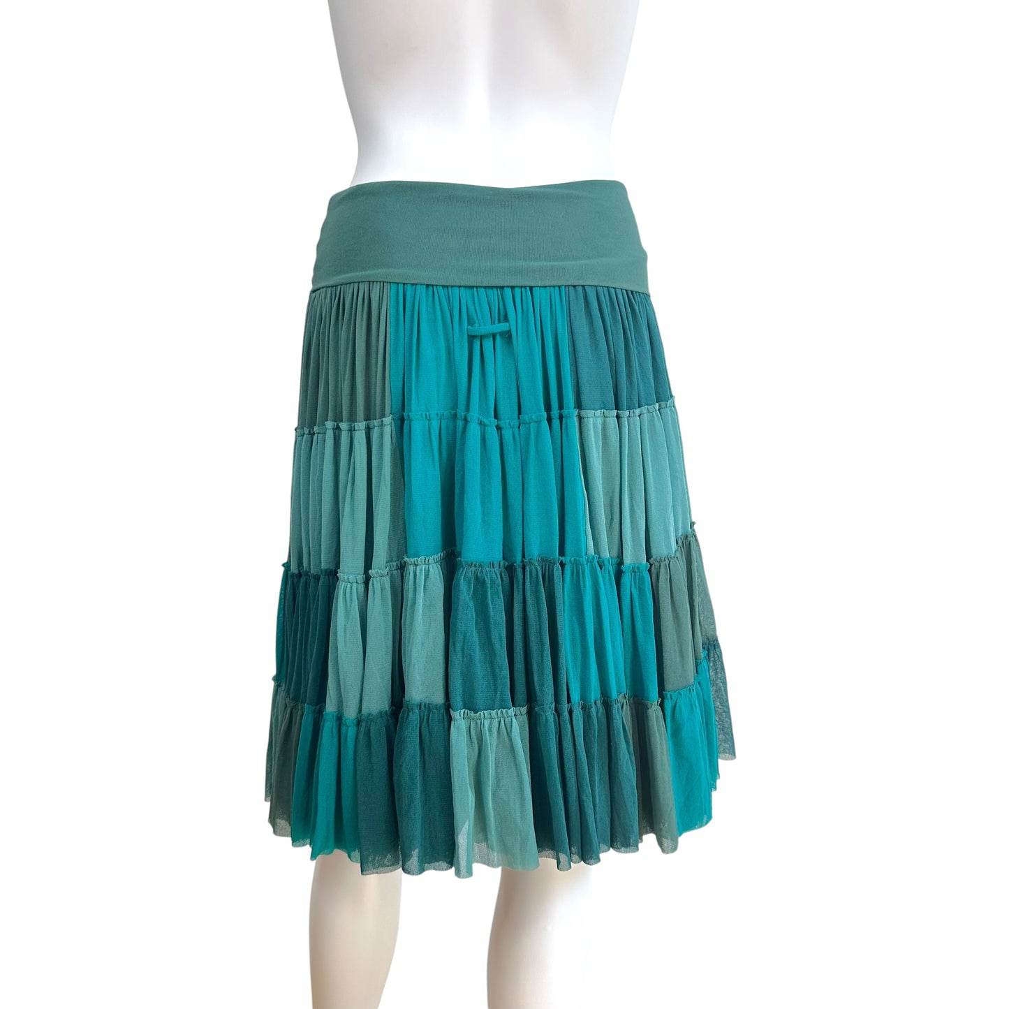 Jean Paul Gaultier Soleil Turquoise Patchwork Tiered Mesh Midi Skirt